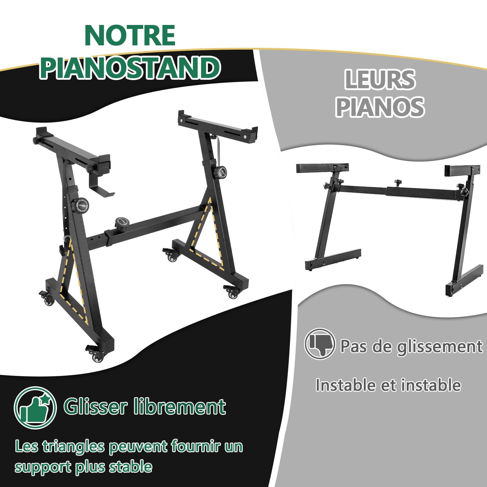 Support de Clavier Piano Réglable en Hauteur 55 à 87 CM, Support de Piano en Z avec 4 Roulettes Pivotantes, Convient aux Pianos de 54 à 88 Touches, Capacité de Charge 160 KG (Noir)