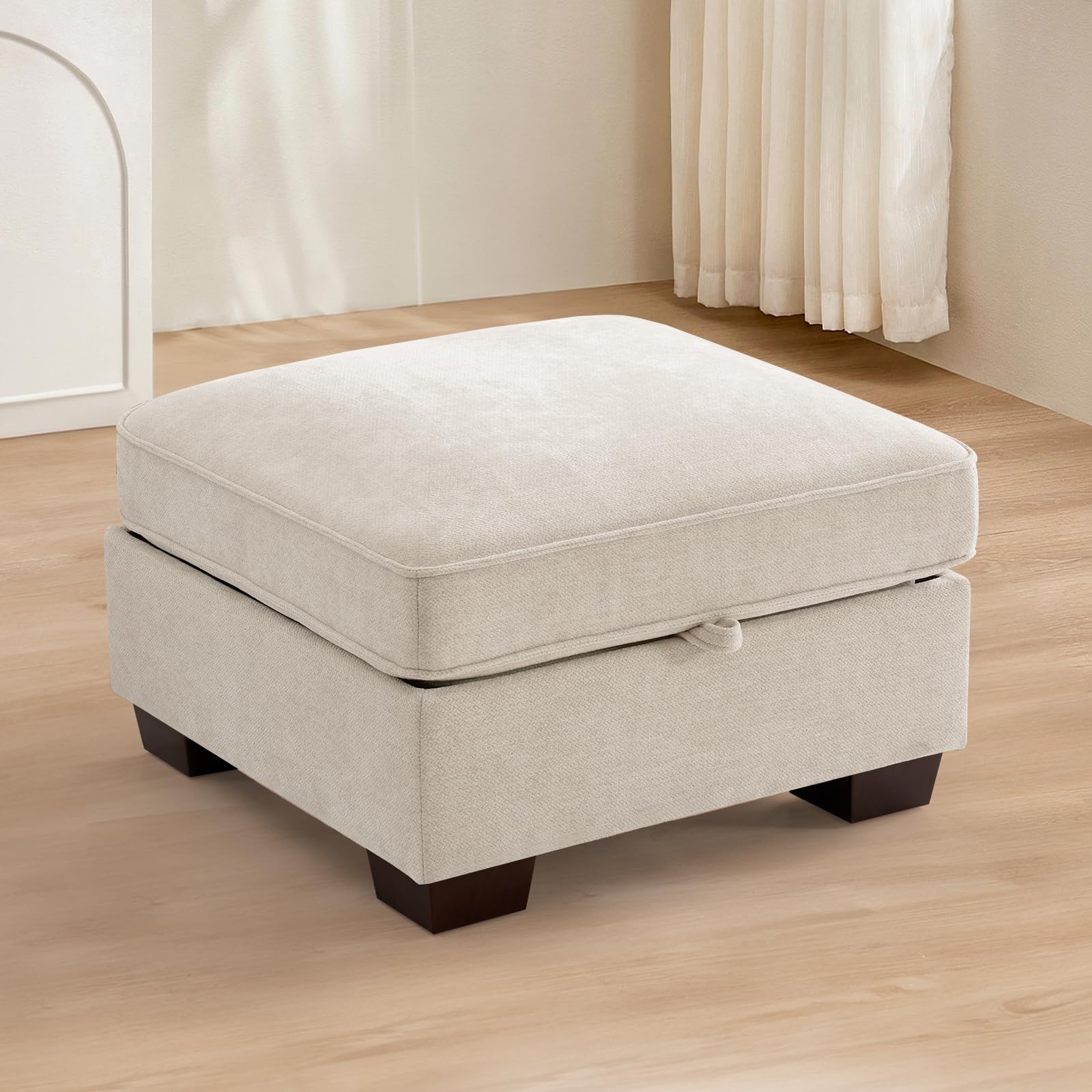 tekamon 27.5" storage ottoman, square footrest with sponge padded seat, chenille fabric step stool for sofa, bedroom, living room, entryway, modern change shoes stool, wood legs, (beige)