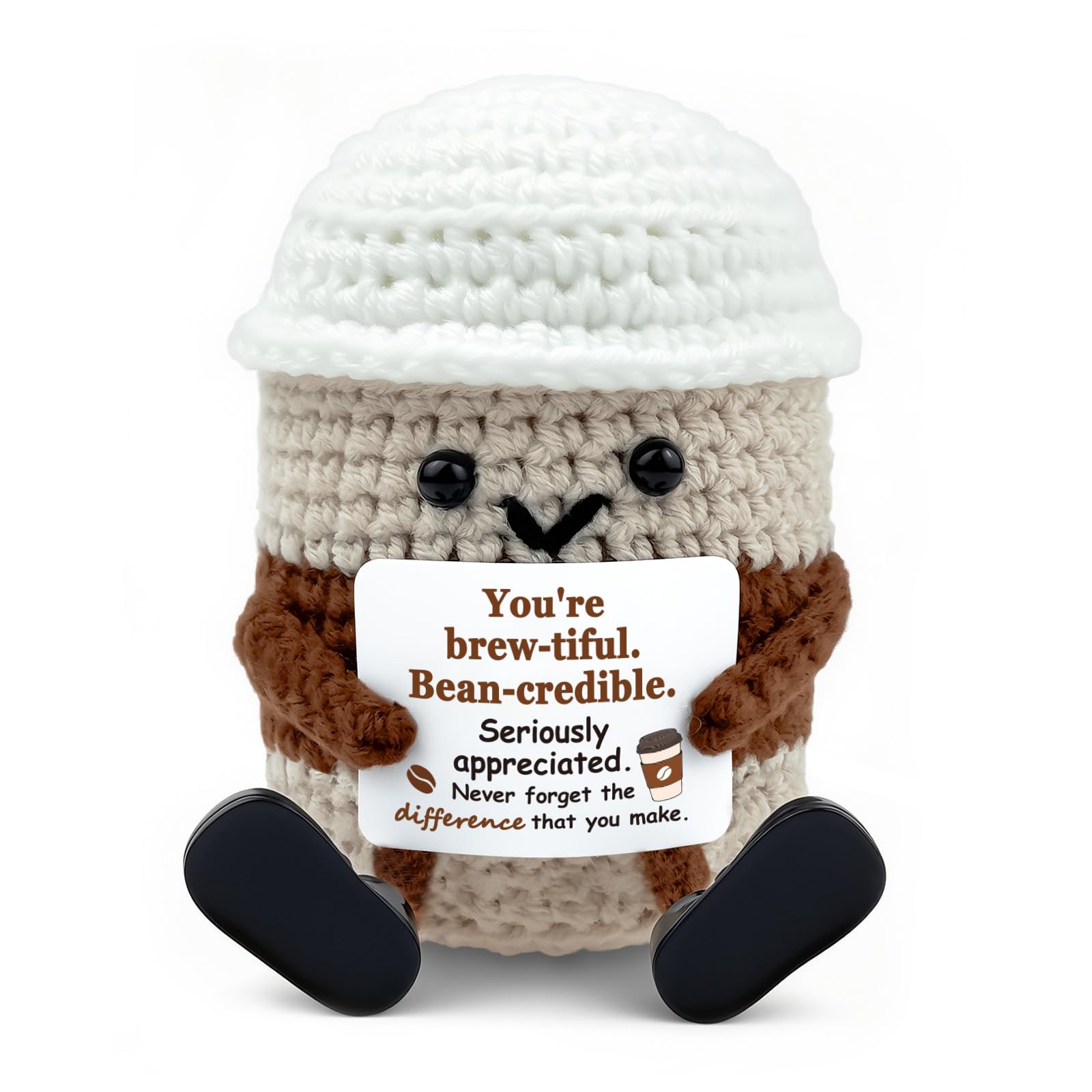 YTNONT Coffee Lovers Birthday Gifts for Women Girlfriend Coworker, Positive Crochet Coffee Cup Handmade Cute Emotional Support Desk Decor Thoughtful Coffee Gifts (Espresso Coffee)