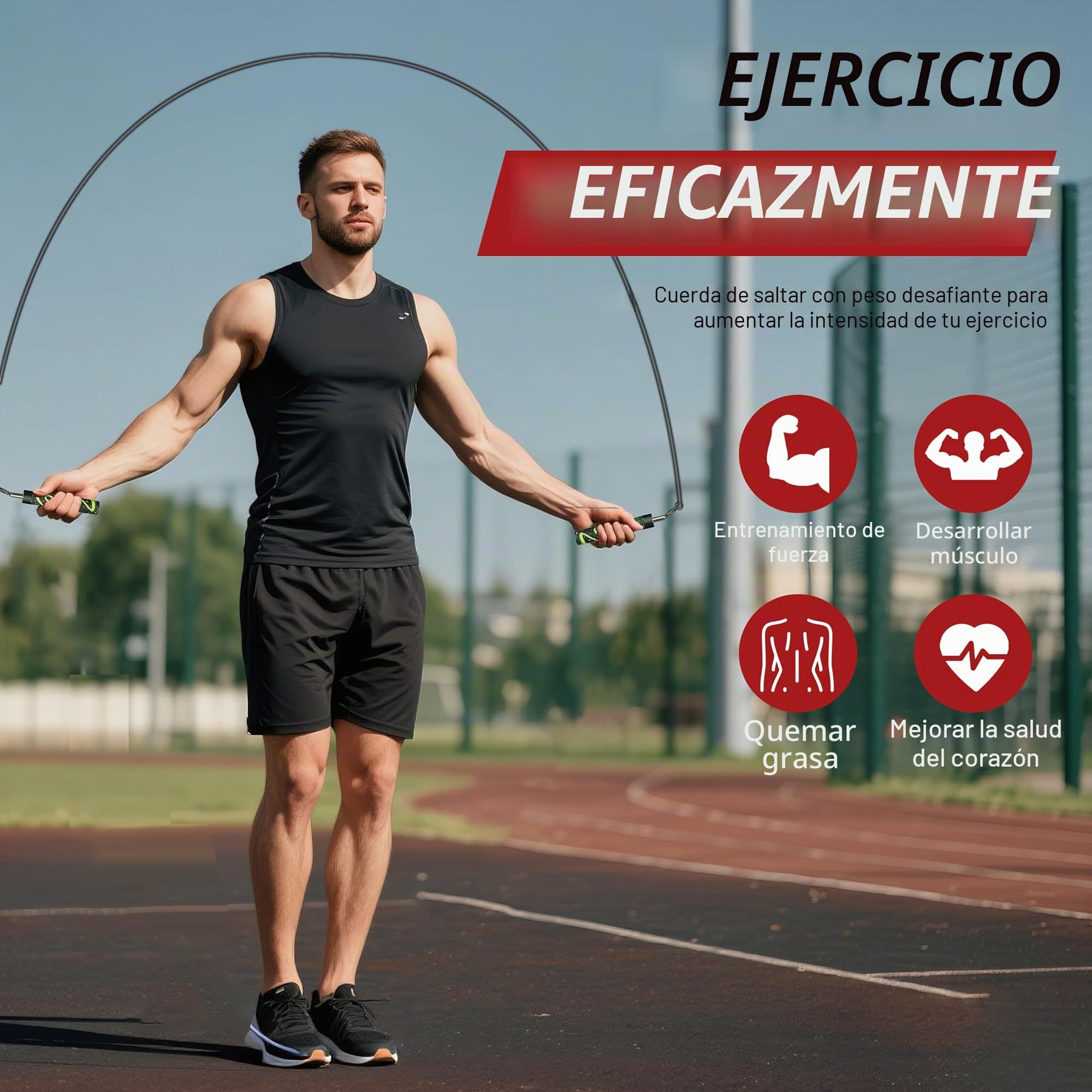 Cuerda de saltar pesada para hombres y mujeres, cuerdas de saltar pesadas intercambiables de 1/5 libras, 1/4 libras, 1/2 libras, giro de 360 grados, longitud ajustable, agarre ergonómico de