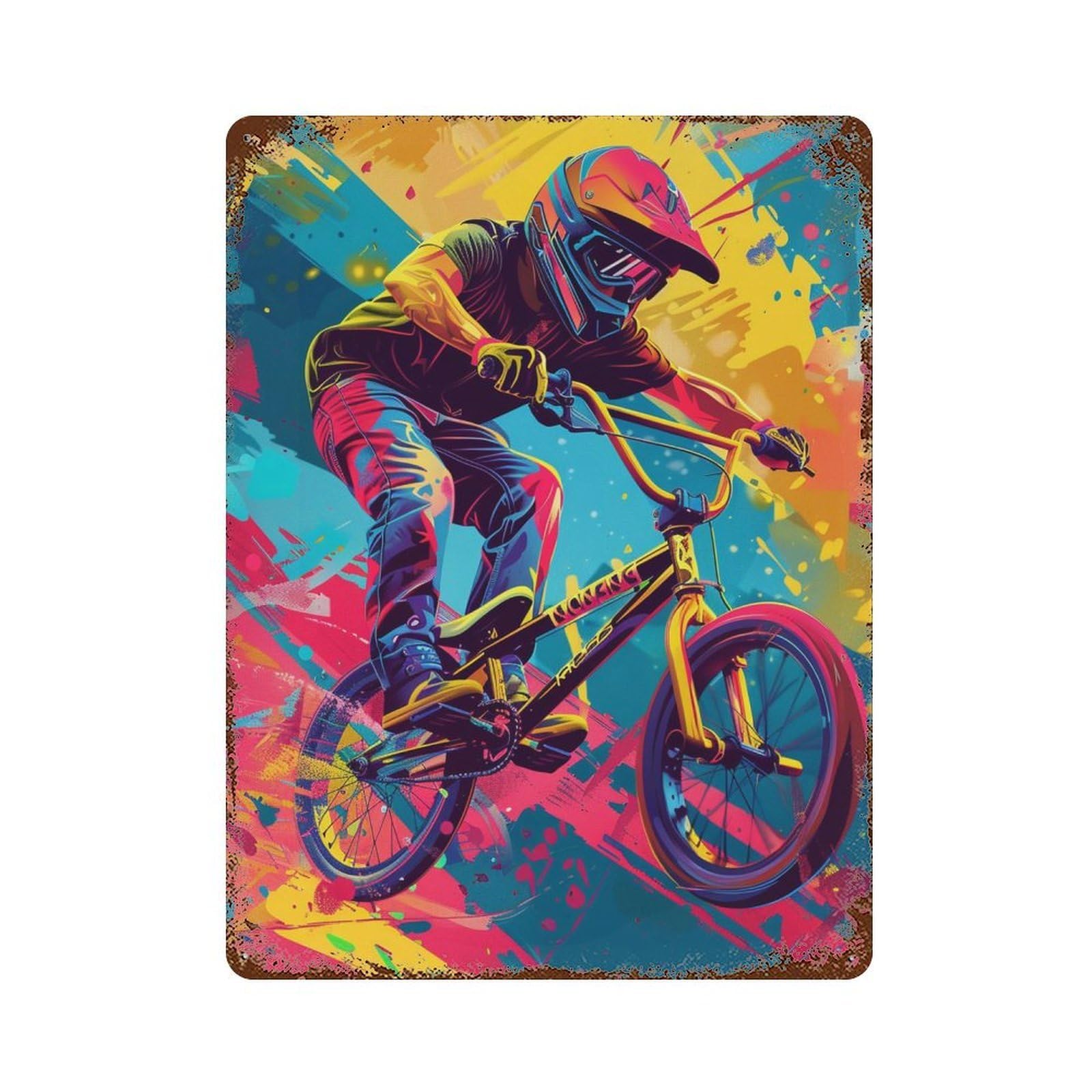 Garage Style BMX Bike Rider Art Print Aged Metal Wall Plaque 15.7"x11.8", Novelty Wall Decor for Bar And Workshop