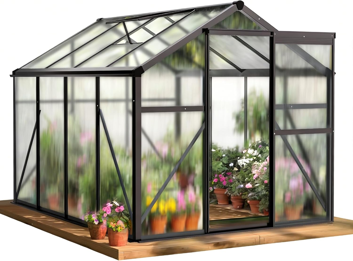 Vingli Greenhouse for Outdoors, Polycarbonate Heavy Duty Green House with Roof Vents for Winter, Aluminum Tunnel Large Walk-in Greenhouse for Outside Garden Backyard, Easy Setup (6x8 FT- Black)
