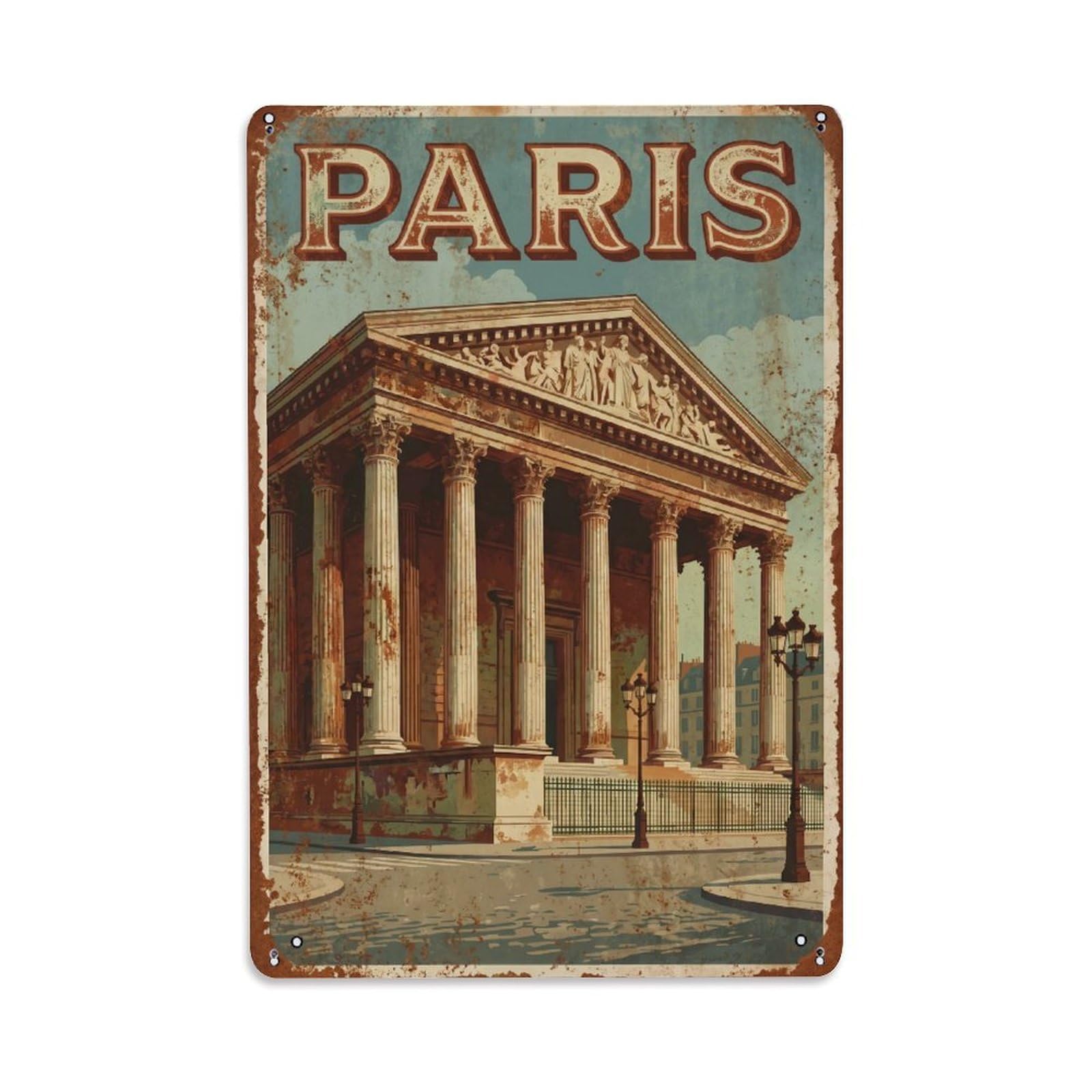 Vintage Travel Paris Église De La Madeleine Temple Rusted France Metal Tin Sign Plaque Wall Decor for Cafe, Club Bar, Office, Home Garden Metal Poster 8x12Inch