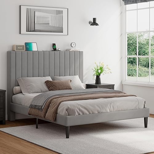 Miniatura 6 de Base de cama tamaño Queen con cabecera tapizada de terciopelo con estación de carga, soporte de listones de madera, base de colchón, somier