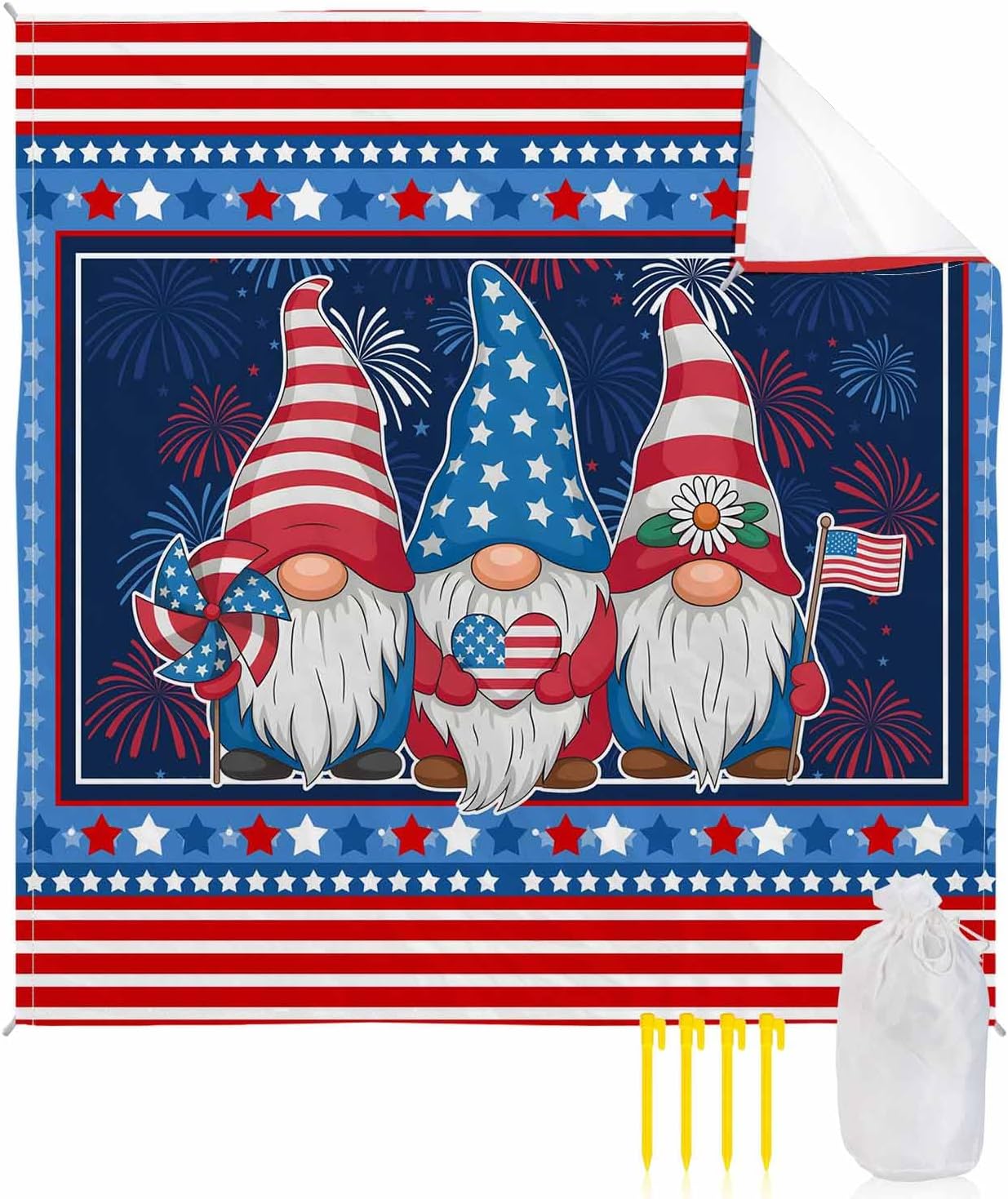 Teamery Beach Blanket 95x80in Gnome Independence Day Stars Red Stripes Waterproof Sandproof Mat, Love USA Flag Outdoor Picnic Mat Beach Accessories for Travel Camping Hiking