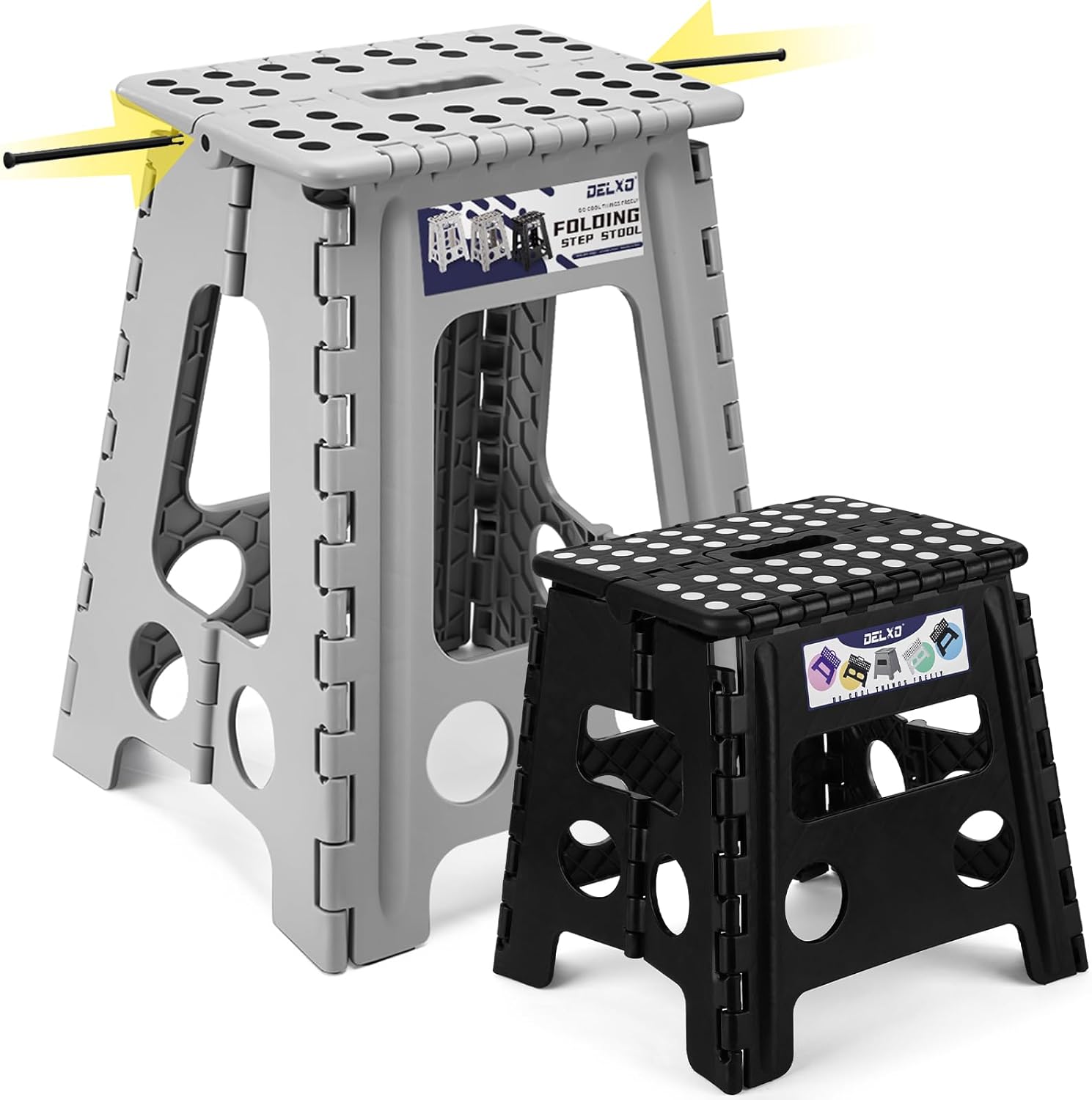 Delxo Folding Step Stool, Heavy Duty Foldable Stool for Adults,Premium Portable Collapsible Plastic Step Stool,Non Slip Folding Stools for Kitchen Bathroom Bedroom (13 inch+18 inch)