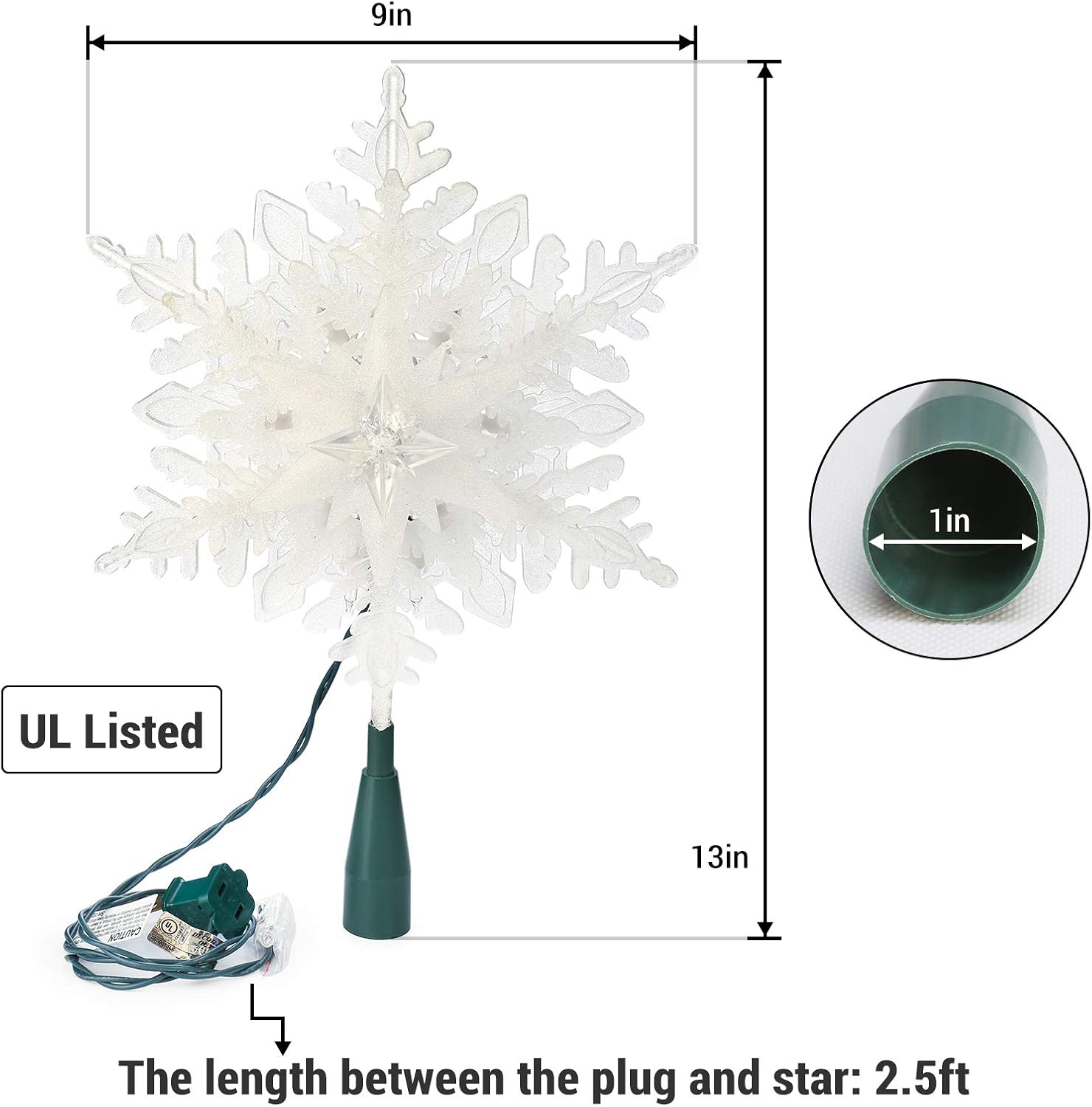 Brizled Christmas Snowflake Tree Topper, 9.25in Lighted Christmas Treetop with 20 Warm White Lights, 120V UL Certified Plug in Christmas Tree Top Star for Xmas Tree Indoor Party Home Office Decoration - Image 4