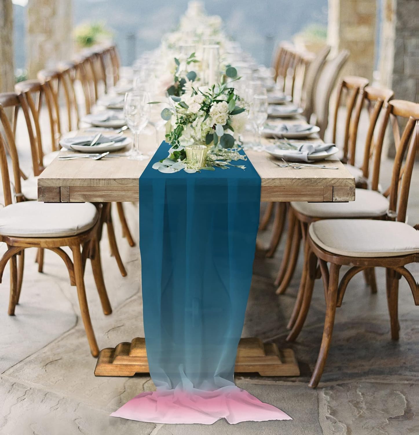 Chiffon Table Runner, Navy Blue Pink Ombre 10Ft Sheer Wedding Table Runner, Modern Abstract Art Aesthetics Farmhouse Dress Scarves Gauze Table Runner Kitchen Island/Party Décor 27"x120"