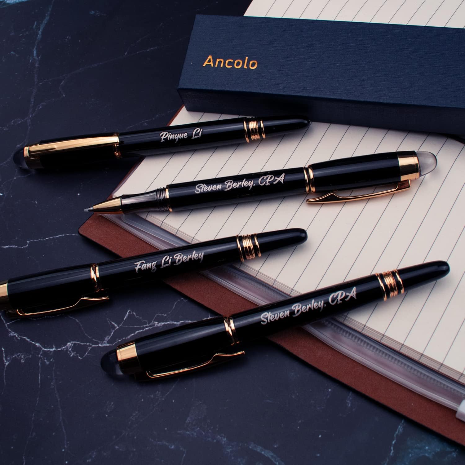 Ancolo Personalized Roller Pens - Luxury Smooth Writing Set with Crystal Tip Black ink-Custom with Your Name or Message, Gift for Students/Teacher/Manager/Lawyer/Professor 5PCS/Pack