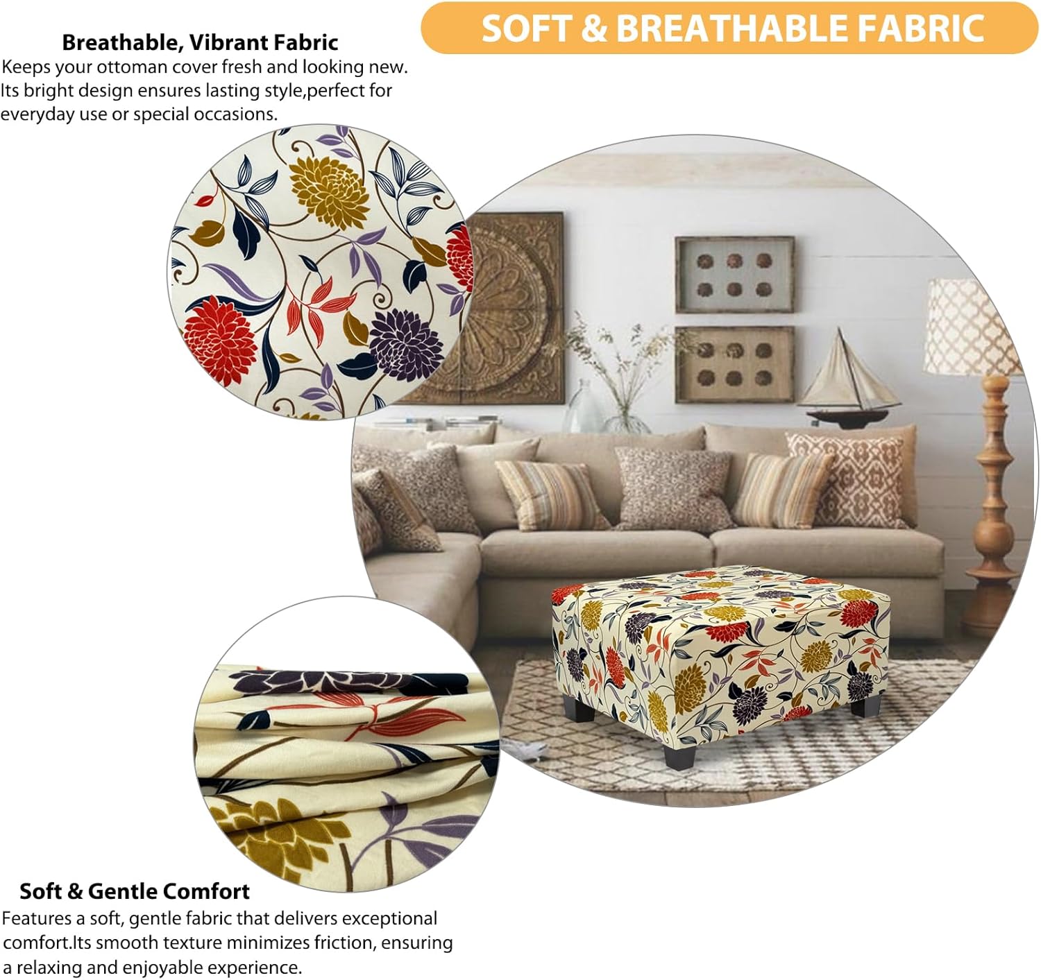 Ottoman Cover Rectangle Printed,Stretch Slipcover for Rectangular Footstool,Soft Fabric with Non-Slip Elastic Bottom,Furniture Protector for Living Room or Bedroom,X-Large,Flower B