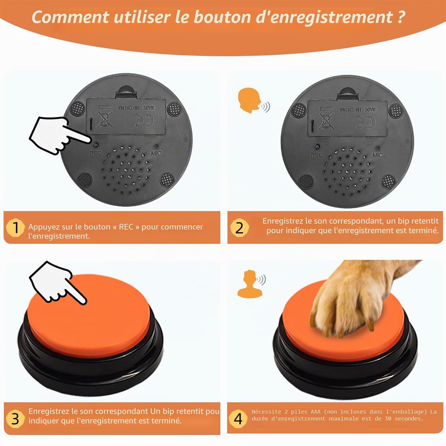 4 Boutons de Communication pour Chien, Boutons enregistrables, Boutons pour Chiens, 4 Boutons, 1 Tampon en Caoutchouc, 50 Autocollants, entraînez Votre Chien à Parler