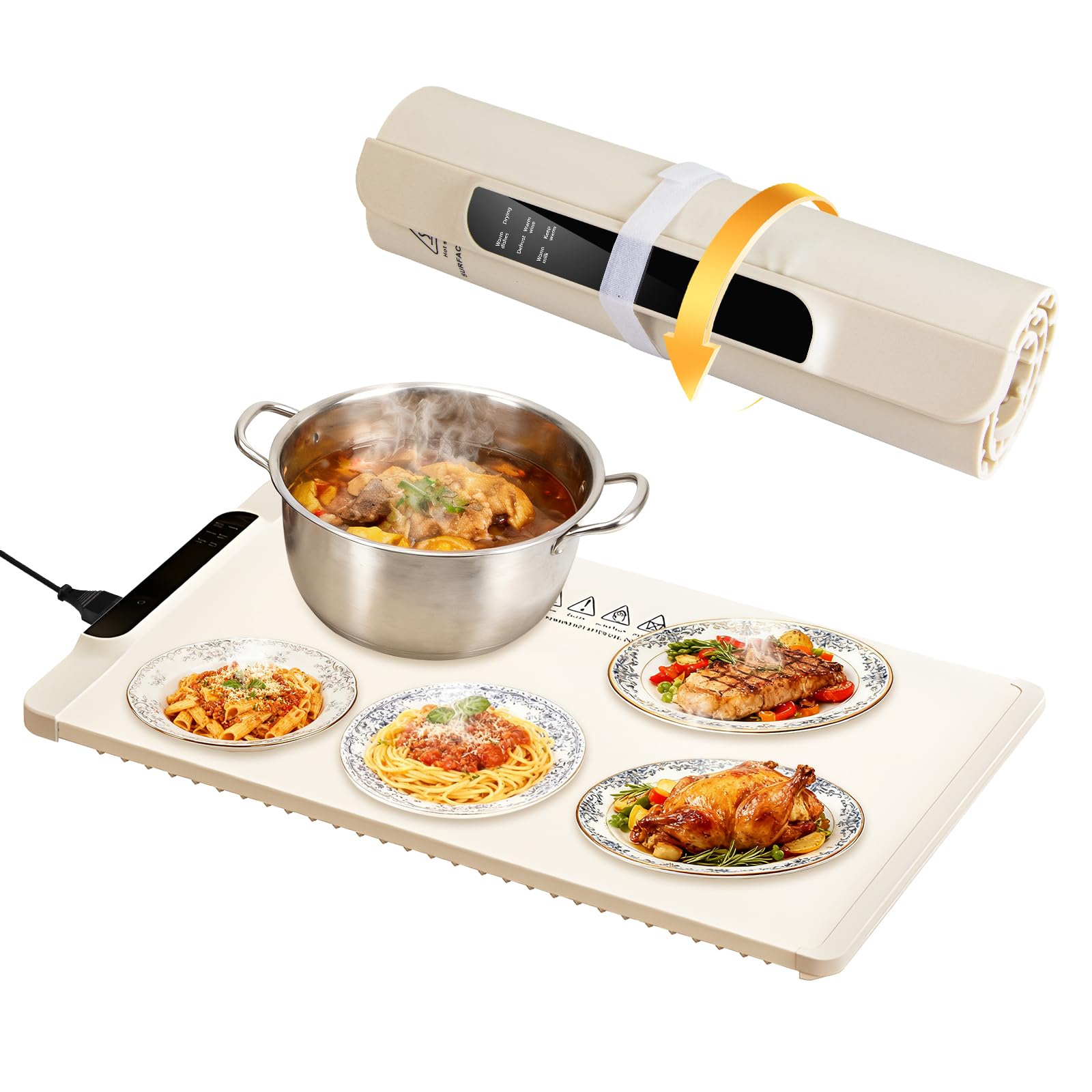 Warmhalteplatte faltbar elektrisch, Speisenwärmer aus lebensmittelechtem Silikon zur Aufbewahrung der Wärme Für Buffet & Familie Konstante Wärme bis ca. 65°C, 65x38cm Cremeweiß