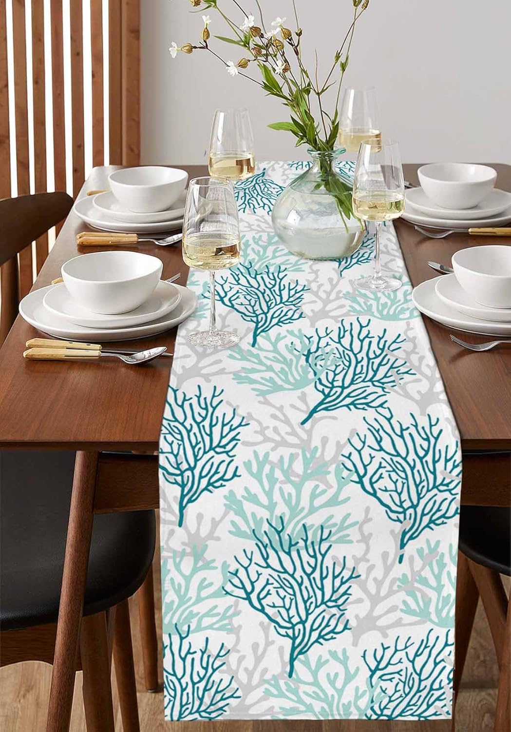 Teal Grey Coral Coastal Cotton Linen Rectangle Table Runners 13"x120", Summer Beach Seaside Nautical Coffee Table Runner Dresser Scarves Luxury Table Runners for Wedding Party Banquet Dinner Decor