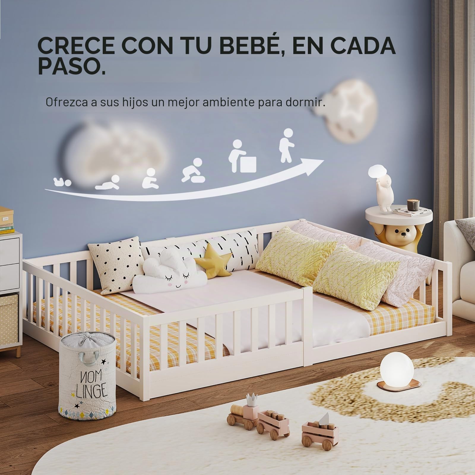labebe Cama baja para niños 140 x 200, cama Montessori de madera maciza blanca con barandillas de seguridad y somier (colchón no incluido) Adecuada para niños y bebés