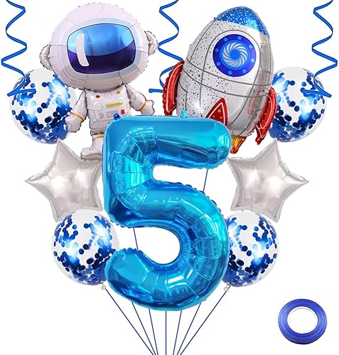 Weenkeey Globos de cumpleaños de 5 astronauta con cohete globo de fiesta del espacio exterior globos gigantes de papel de aluminio de 32 pulgadas