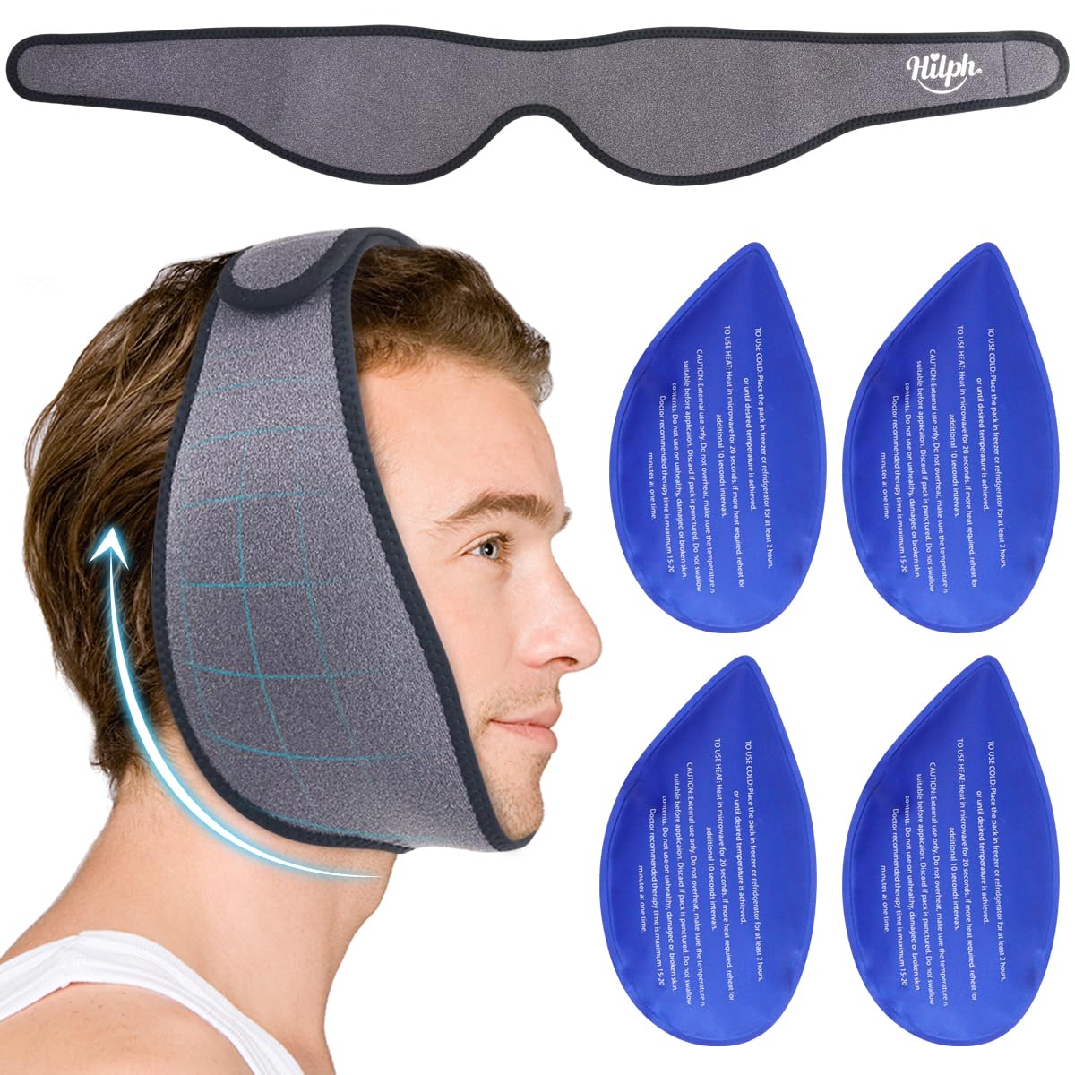 Hilph Face Ice Pack Wisdom Teeth Ice Pack Head Wrap with Washable Jaw Wrap and 4 Replacement Hot Cold Pack for Facial Oral Surgery, TMJ, Tooth Extraction, Dental Surgery, Tonsillectomy Recovery Grey