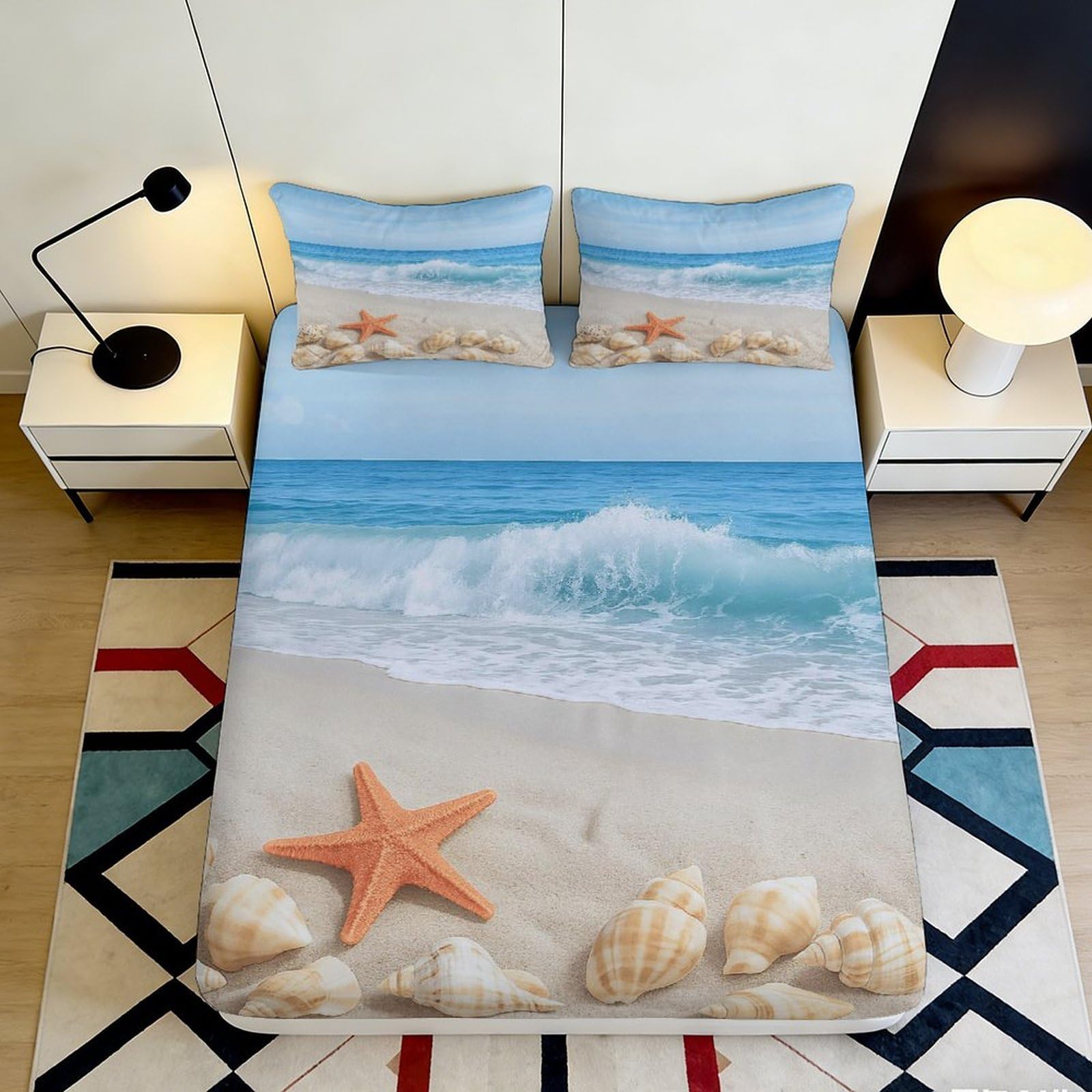 3D Printed Beach Ocean Wave Fitted Sheet Microfiber Soft Breathable Starfish Shell Mattress Cover Bedroom Decor 90x200x25cm