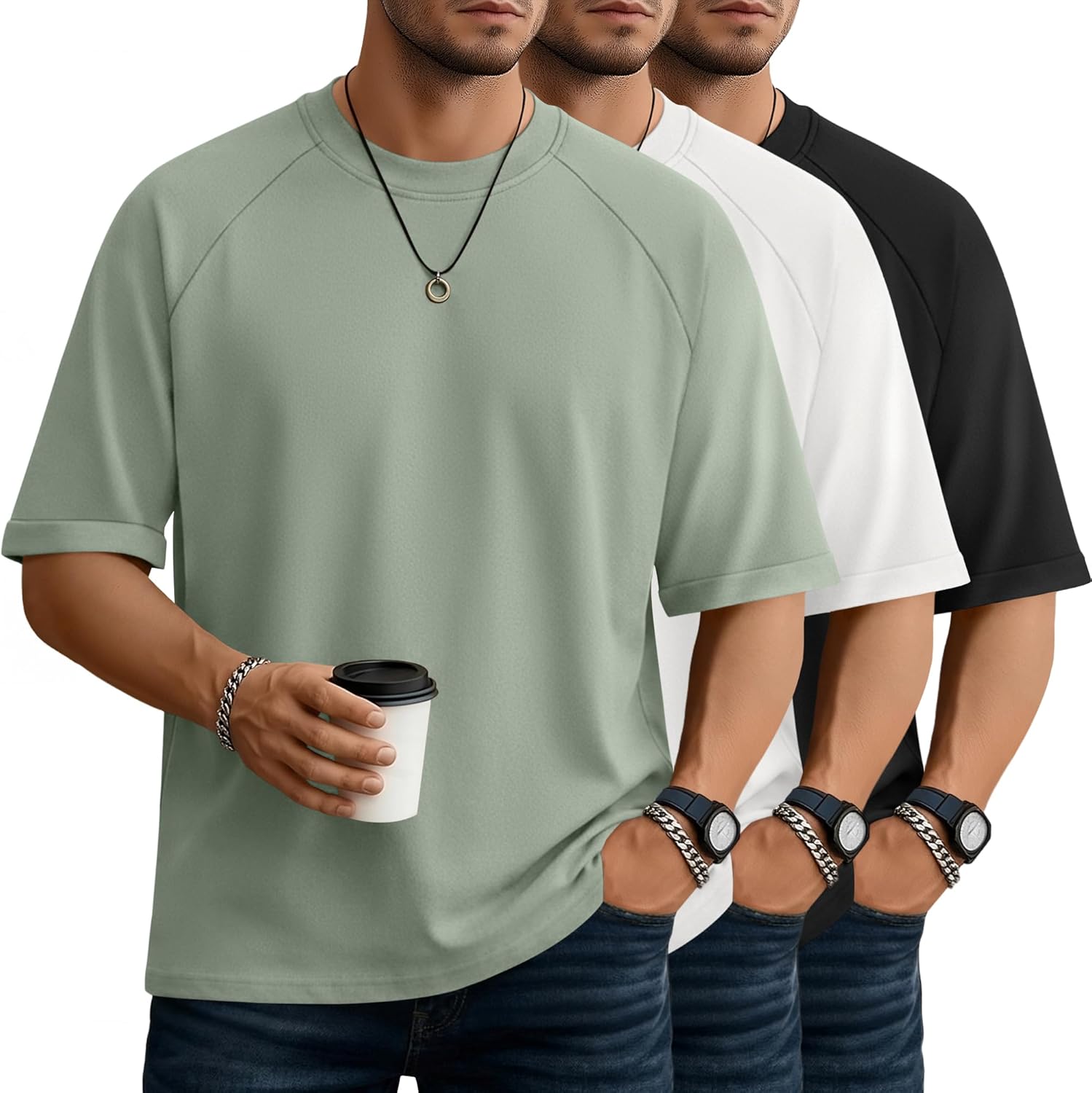 3 Pack Mens Oversized T-Shirts Rolled Short Sleeve Tee Crew Neck Raglan Loose Shirts Solid Summer Casual Tops