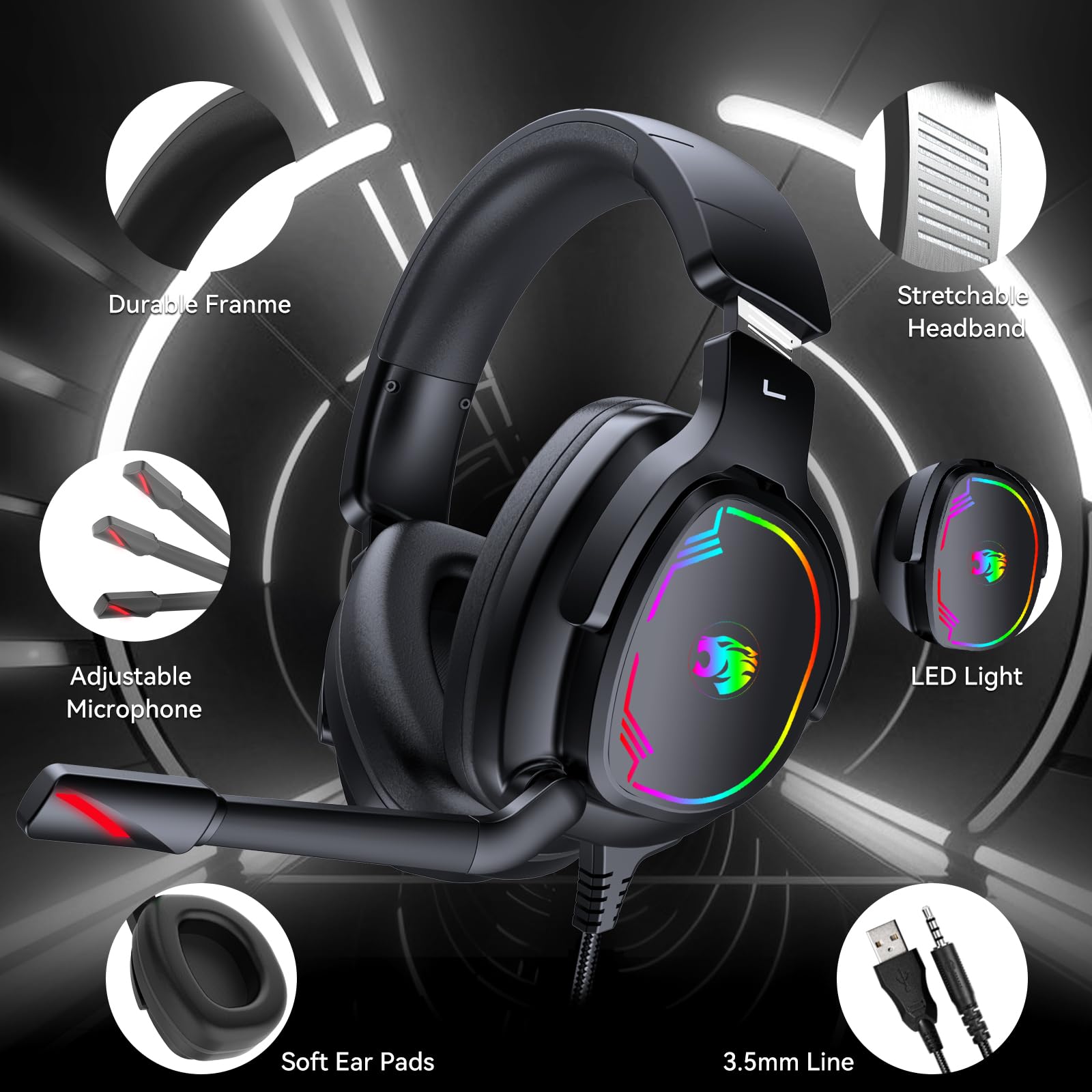Jimonyer Cuffie da gioco per PC/PS4/PS5/Xbox One/Switch, cuffie stereo surround da gioco con microfono flessibile con cancellazione del rumore, cuffie per computer con jack da 3,5 mm e luce RGB (nero)