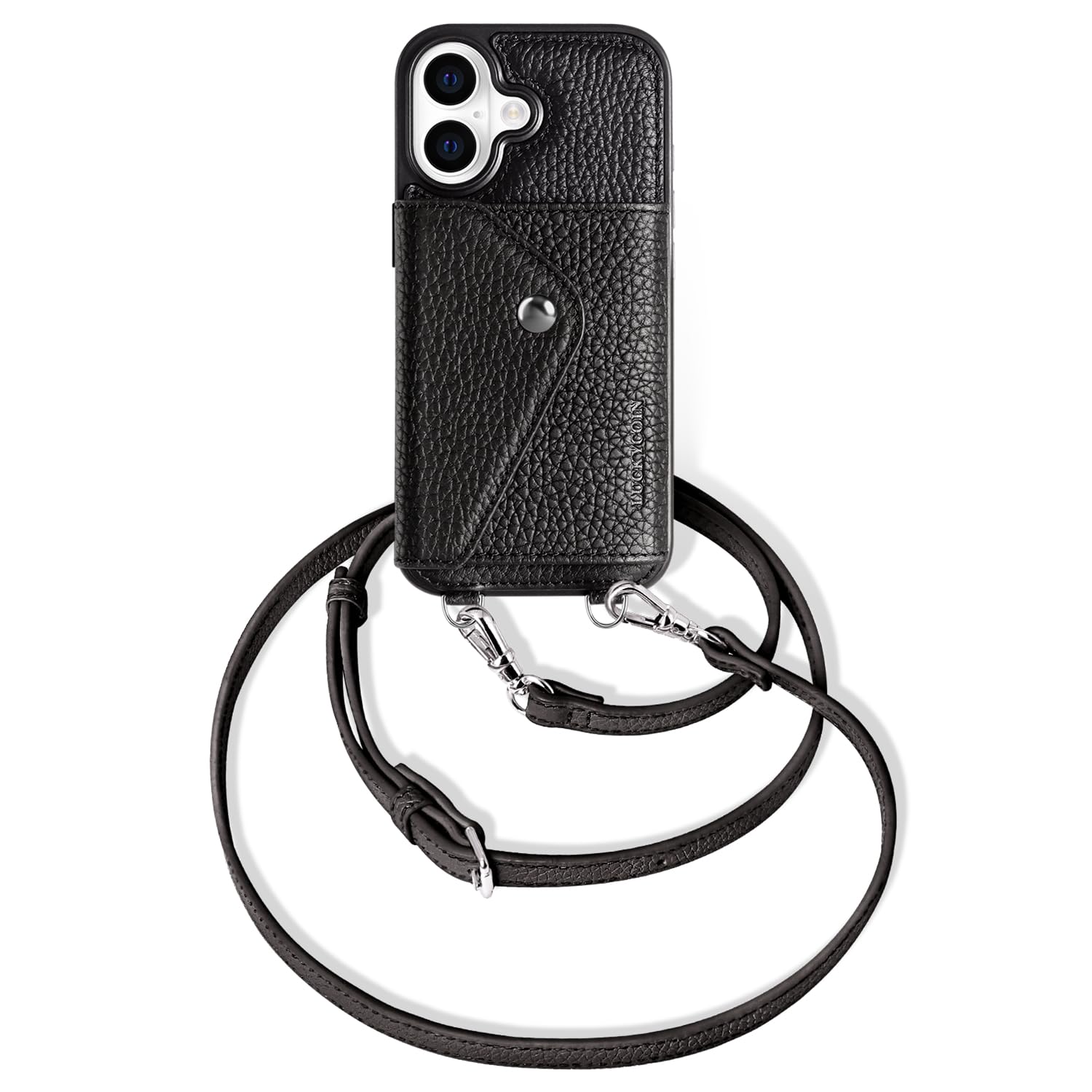 LUCKYCOIN Custodia a portafoglio in pelle per iPhone 17, custodia a tracolla nera | con cinturino da polso regolabile rimovibile, con porta carte, custodia a tracolla per donna, custodia da viaggio