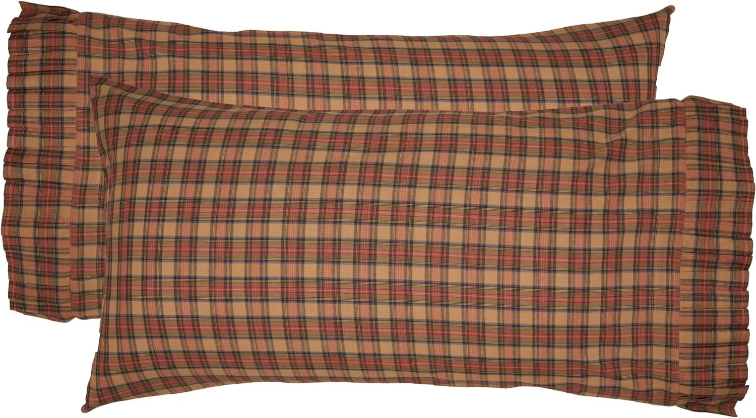 VHC Brands Crosswoods Plaid Cotton Primitive Bedding King Pillow Case Set of 2, Natural Tan