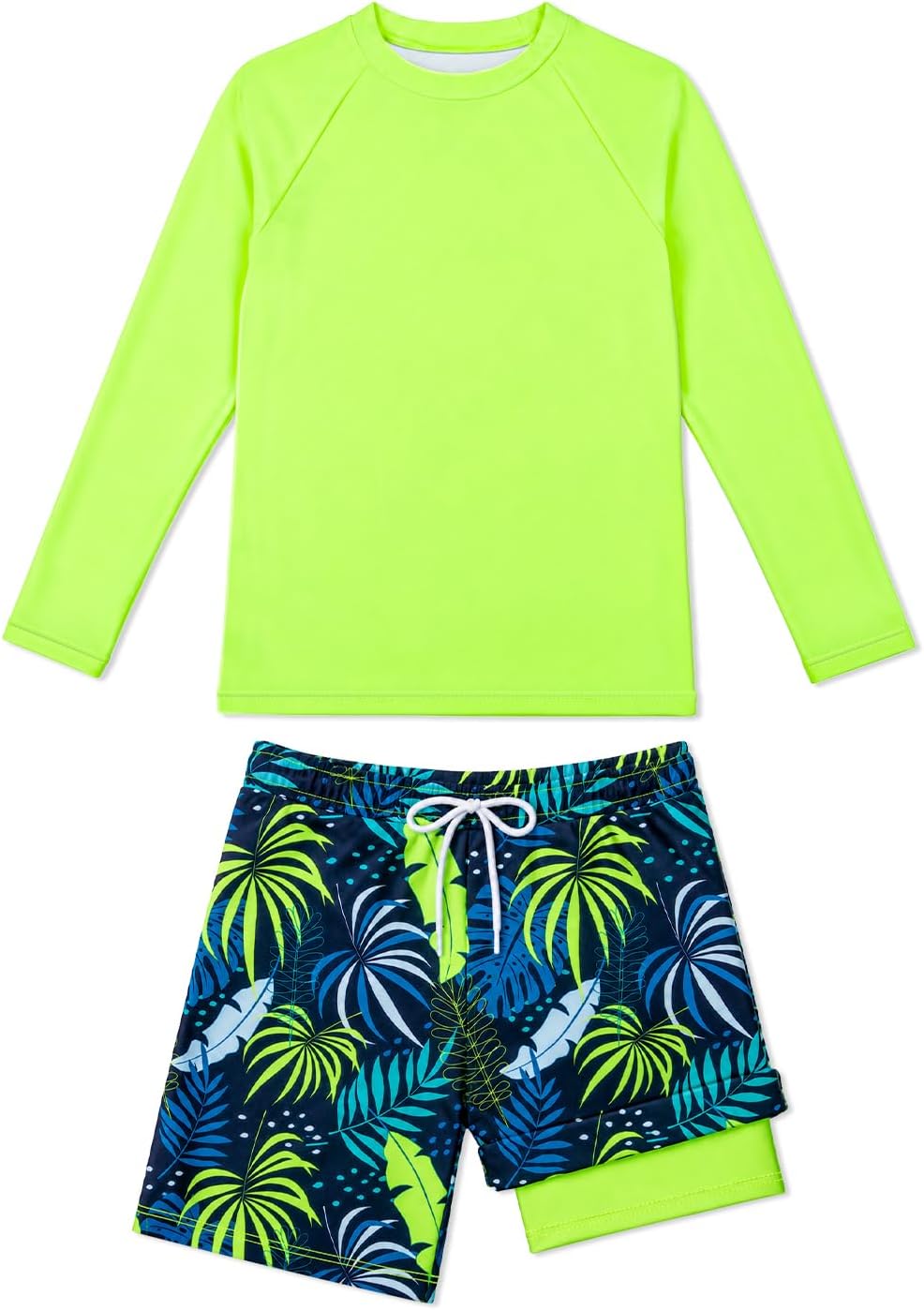 Boys Swim Set 2 Piece Long Sleeve Rash Guard Shirt with Compression Liner Swim Trunks UPF 50+ Swimsuit 7-16Y