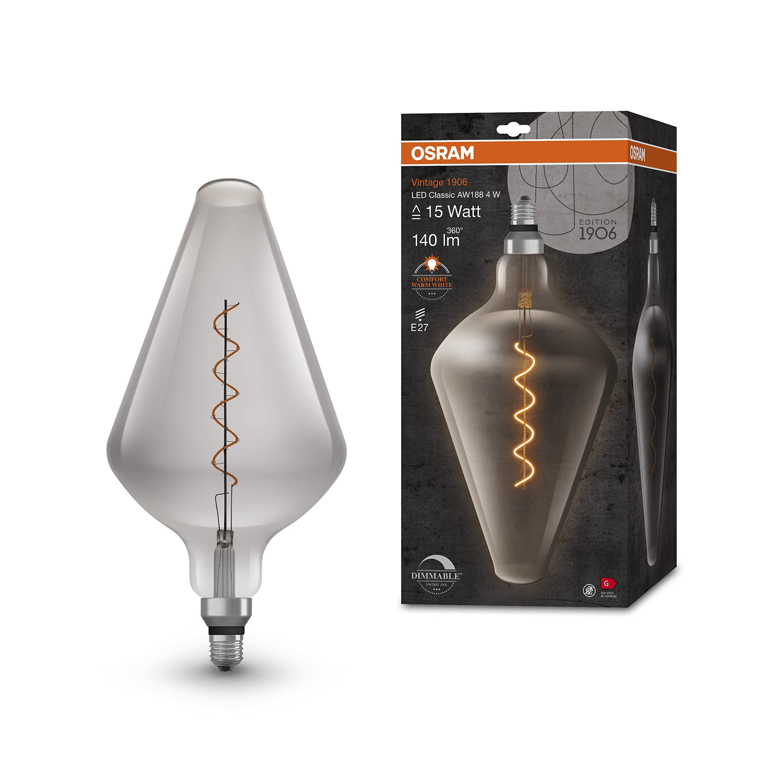 OSRAM Lámpara LED Vintage 1906 ahumada, 4W, 140lm, forma cónica con 193mm de diámetro y casquillo E27, luz blanca cálida, filamento regulable, vida útil de hasta 15.000 horas