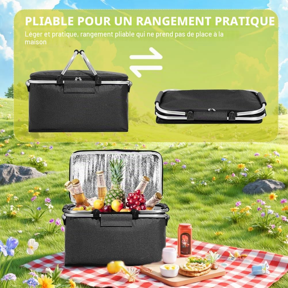Panier à provisions pliable en alliage d'aluminium de 18 l avec poignée rembourrée et isolation zippée pour voyage/pique-nique, shopping
