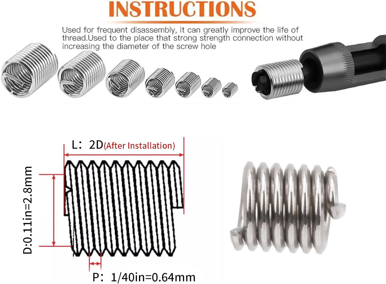 50pcs Wire Thread Insert Kit, 304 Stainless Steel NPT UNC 4-40 x 1-3D Screws Sleeve Assortment Helical Type Coiled for Automotive Repairs(2D After Installation)