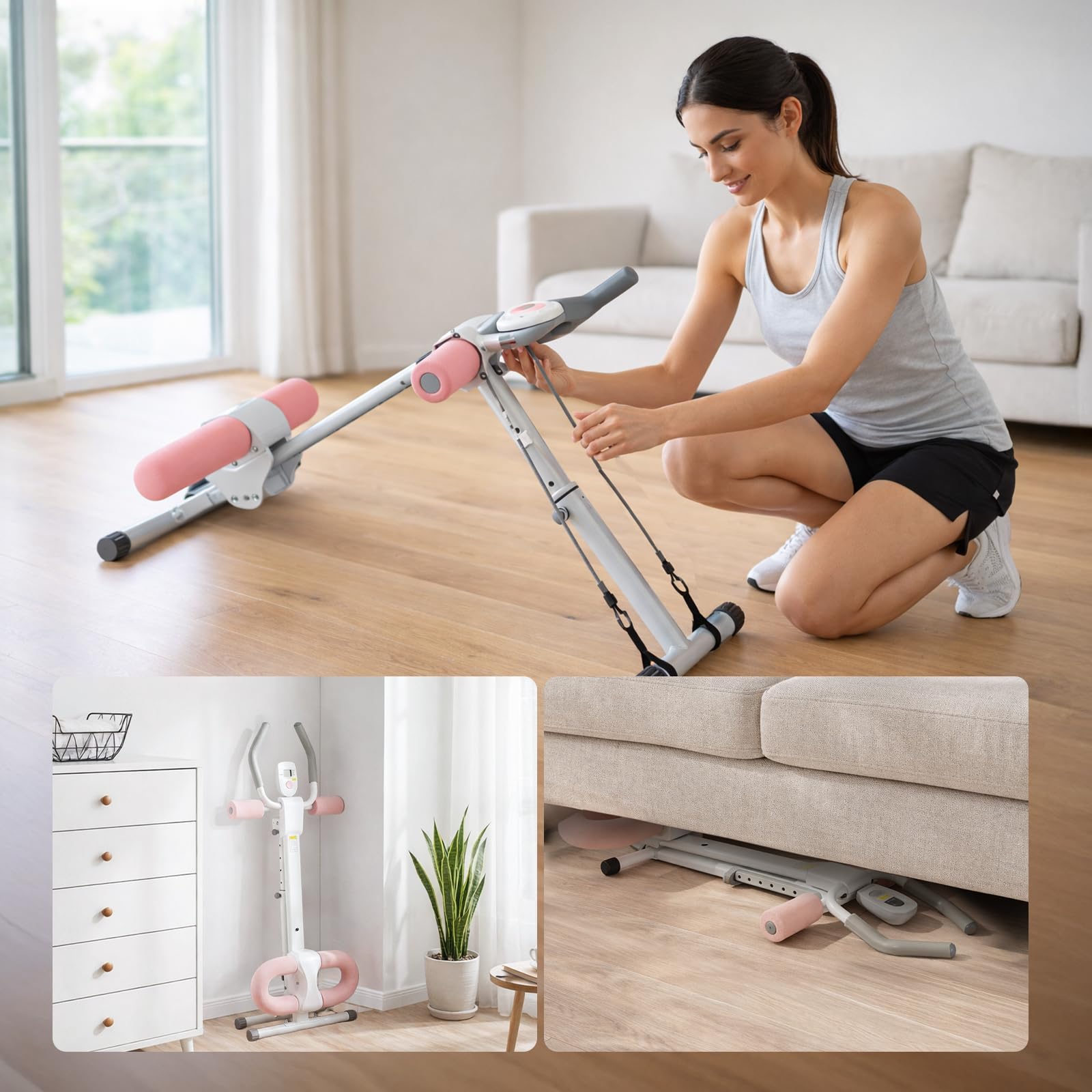 Ab Trainer Abdominal Muscle Machine Adjustable for Home Gym, Foldable And Space-Saving, Quiet Wheels, Knee And Elbow Pads