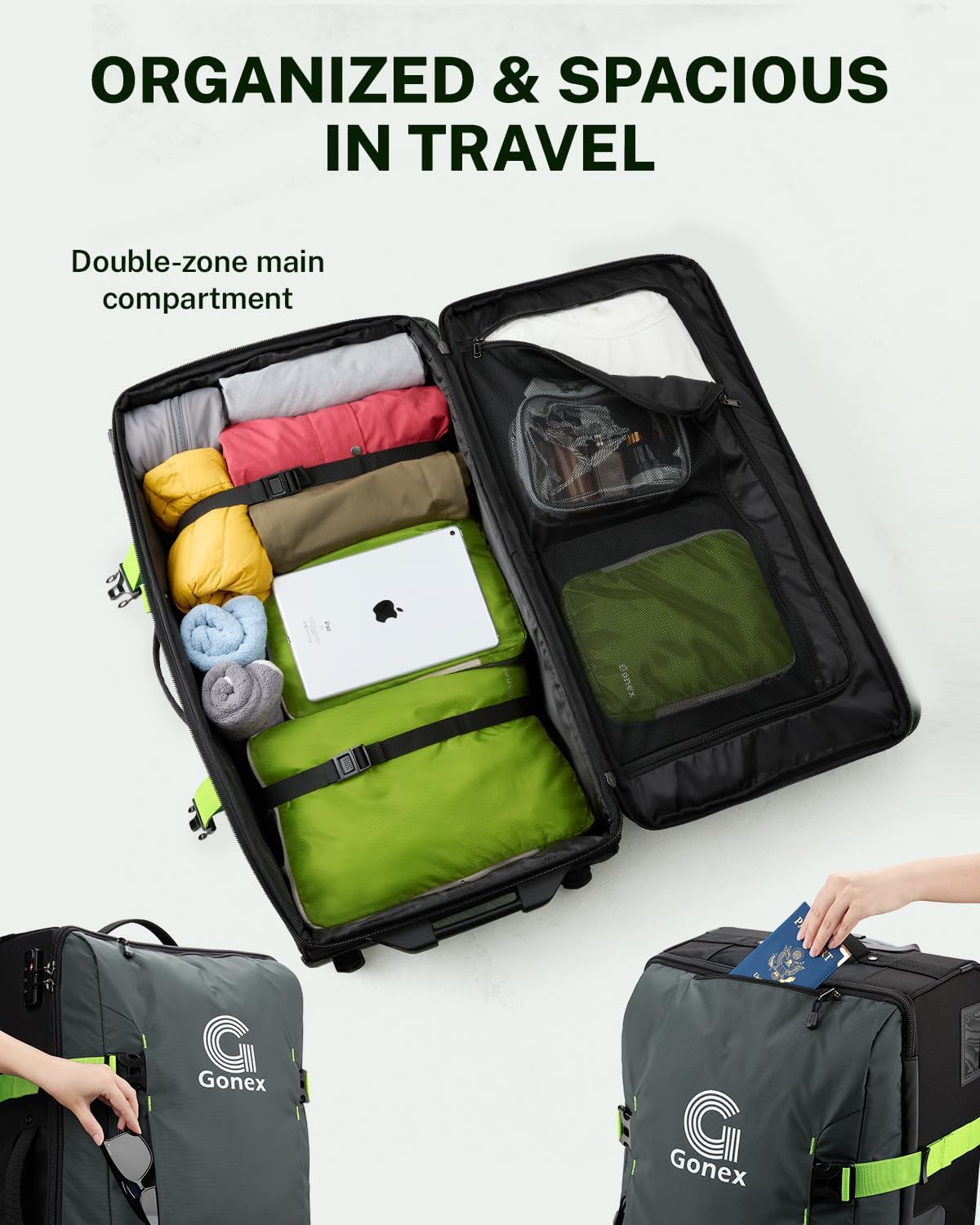 Gonex Rolling Duffle Bag with Wheels, Water-repellent 30 inch Nylon Large Wheeled Travel Duffel Luggage with TSA Lock & Telescopic Handle 100L, Green - Image 6