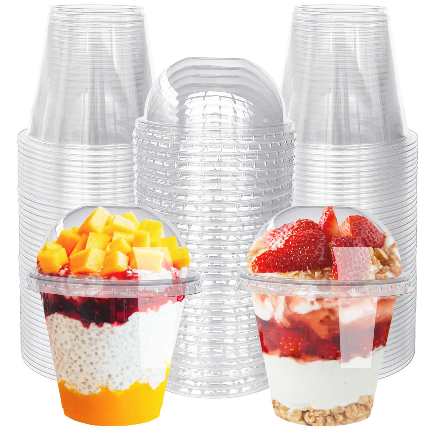 50 Pack 9 oz Clear Plastic Cups,Disposable Dessert Cups with Dome Lids,Crystal Clear PET Parfait Cups for Fruit,Parfait,Pudding,Yogurt,Ice Cream,Cold Drinks
