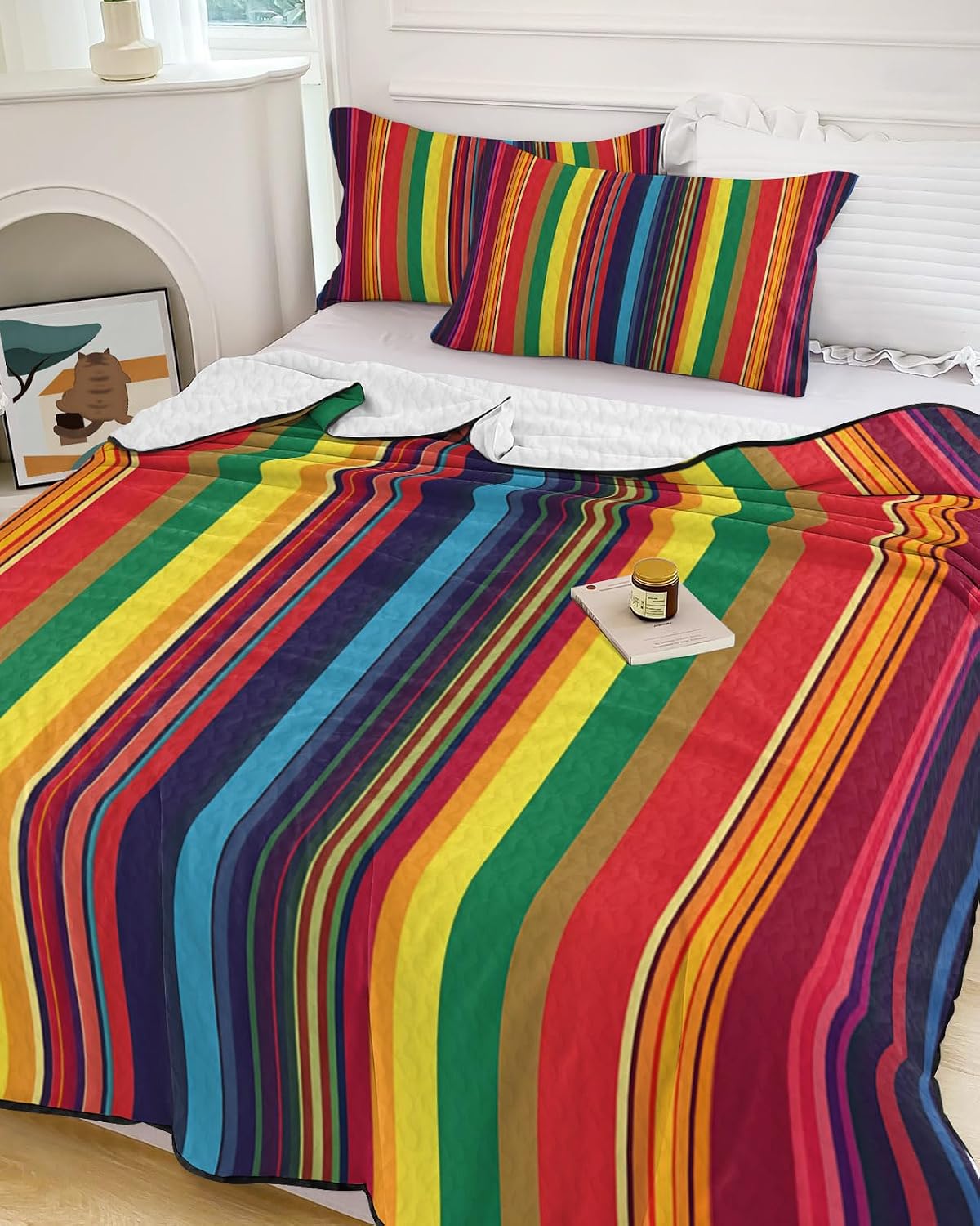 Queen Size Quilt Set, Colorful Mexican Stripe Lightweight Bedspread Coverlet Set Soft Microfiber Summer Quilt with 2 Pillow Shams, Rainbow Gradient Line 3 Piece Comforter Bedding Set
