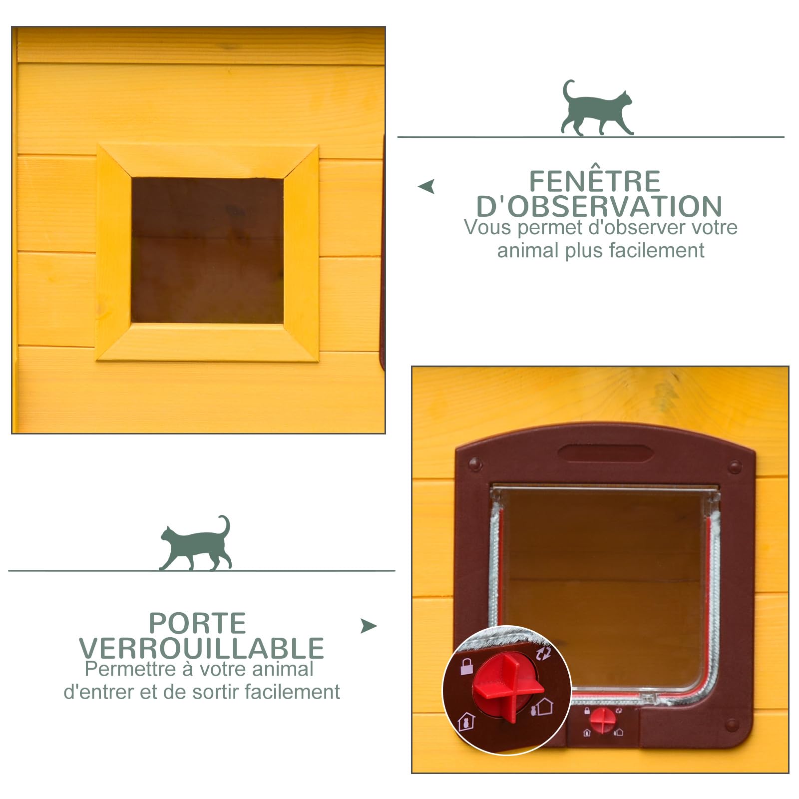PawHut Maison pour Chat en Bois Toit Résistant à l'eau avec Porte Jaune