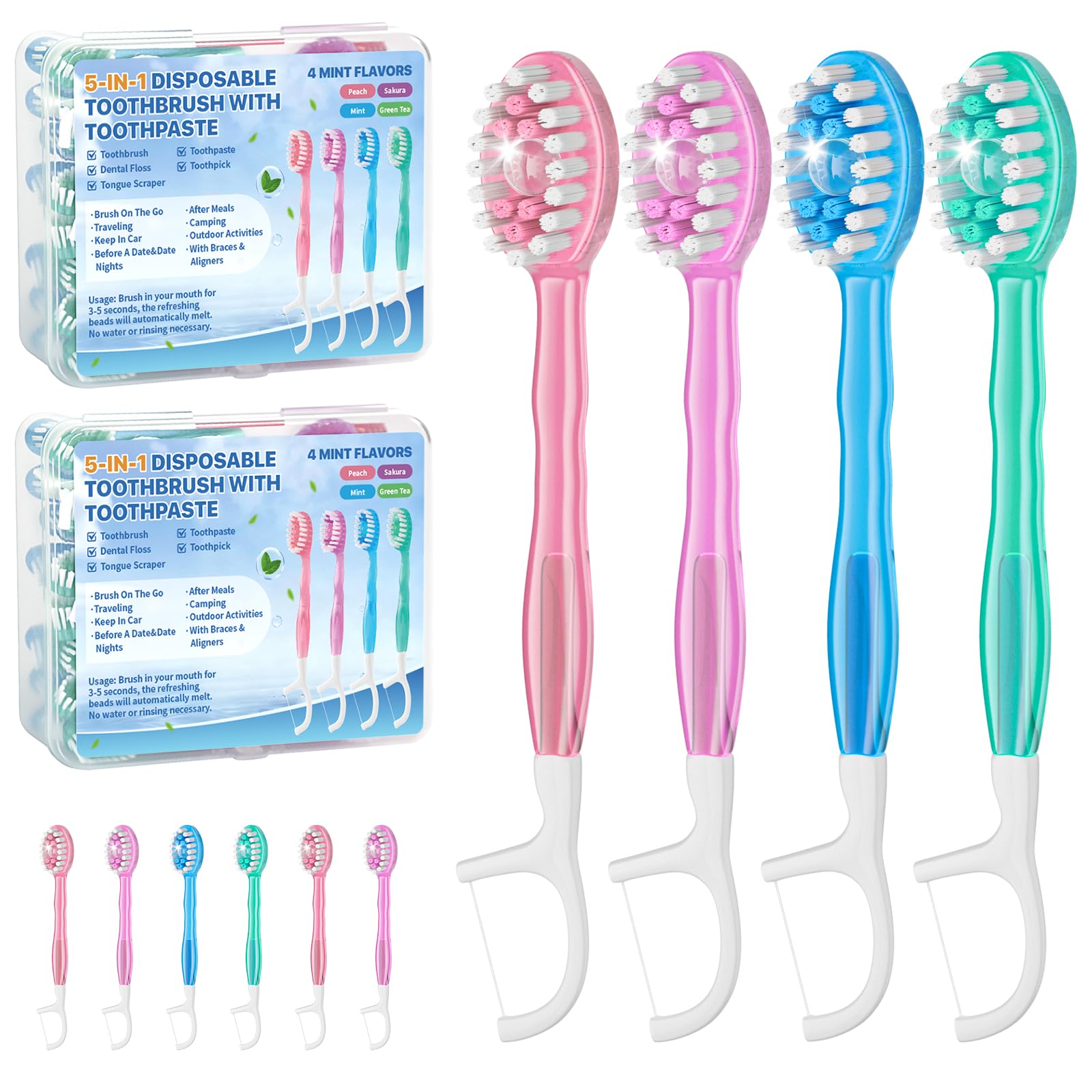 Spazzolino da denti usa e getta 5 in 1 con dentifricio (confezione da 70), mini spazzolini da viaggio con setole morbide, filo interdentale, stuzzicadenti e raschietto per lingua, senza