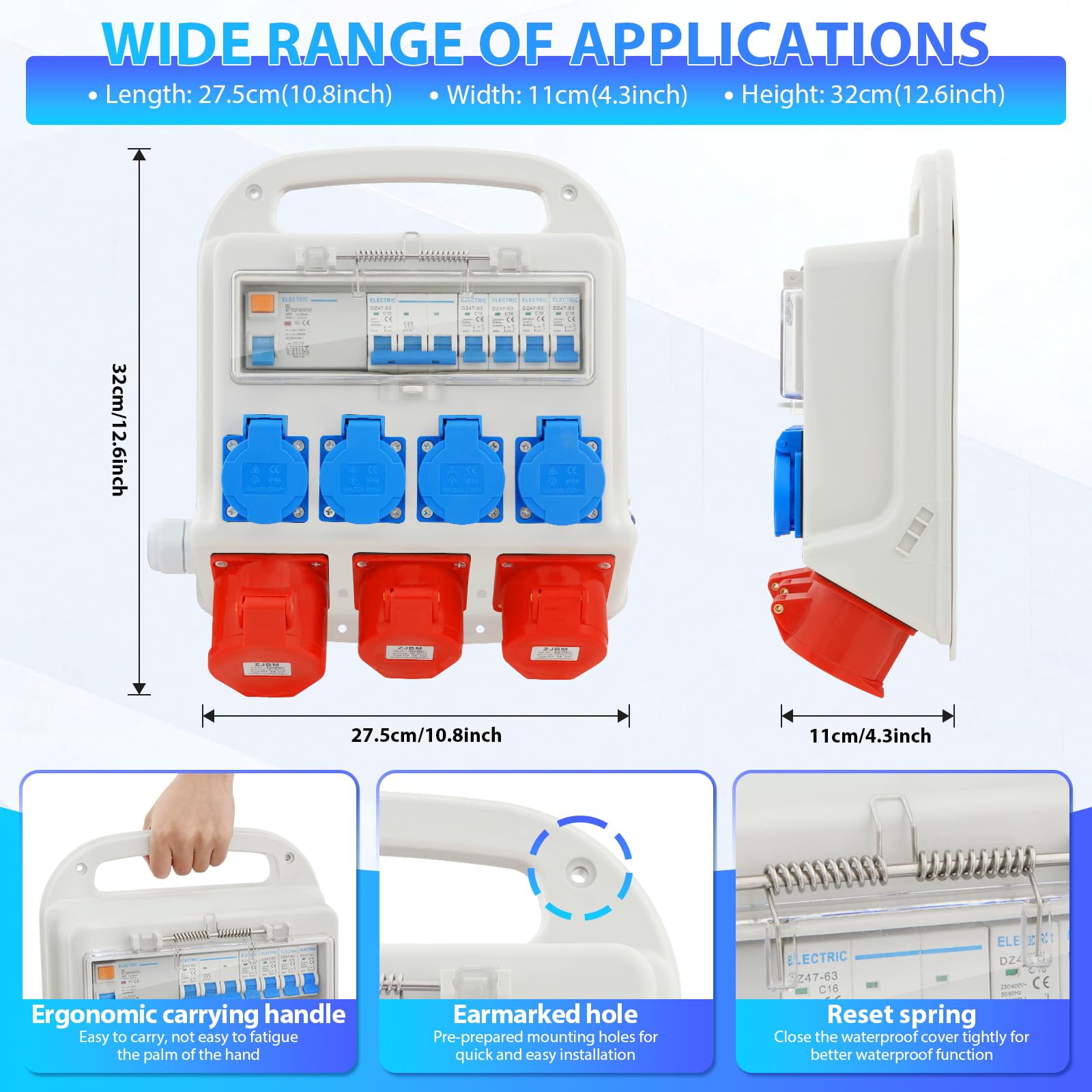 Distributore di corrente CEE 400V 32A, 4 uscite 230V, 2 circuiti 16A, 1 circuito 32A, protezione FI, distributore di potenza IP54, per cantieri edili
