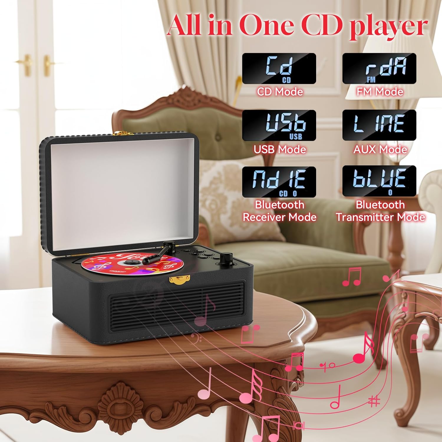 Gueray Portable CD Player with Speakers 3600mAh Rechargeable Bluetooth CD Players for Home Retro Decor, Leather CD Player Gifts for CD Music Lovers,Vintage Gifts for Mens Womens Birthday Christmas