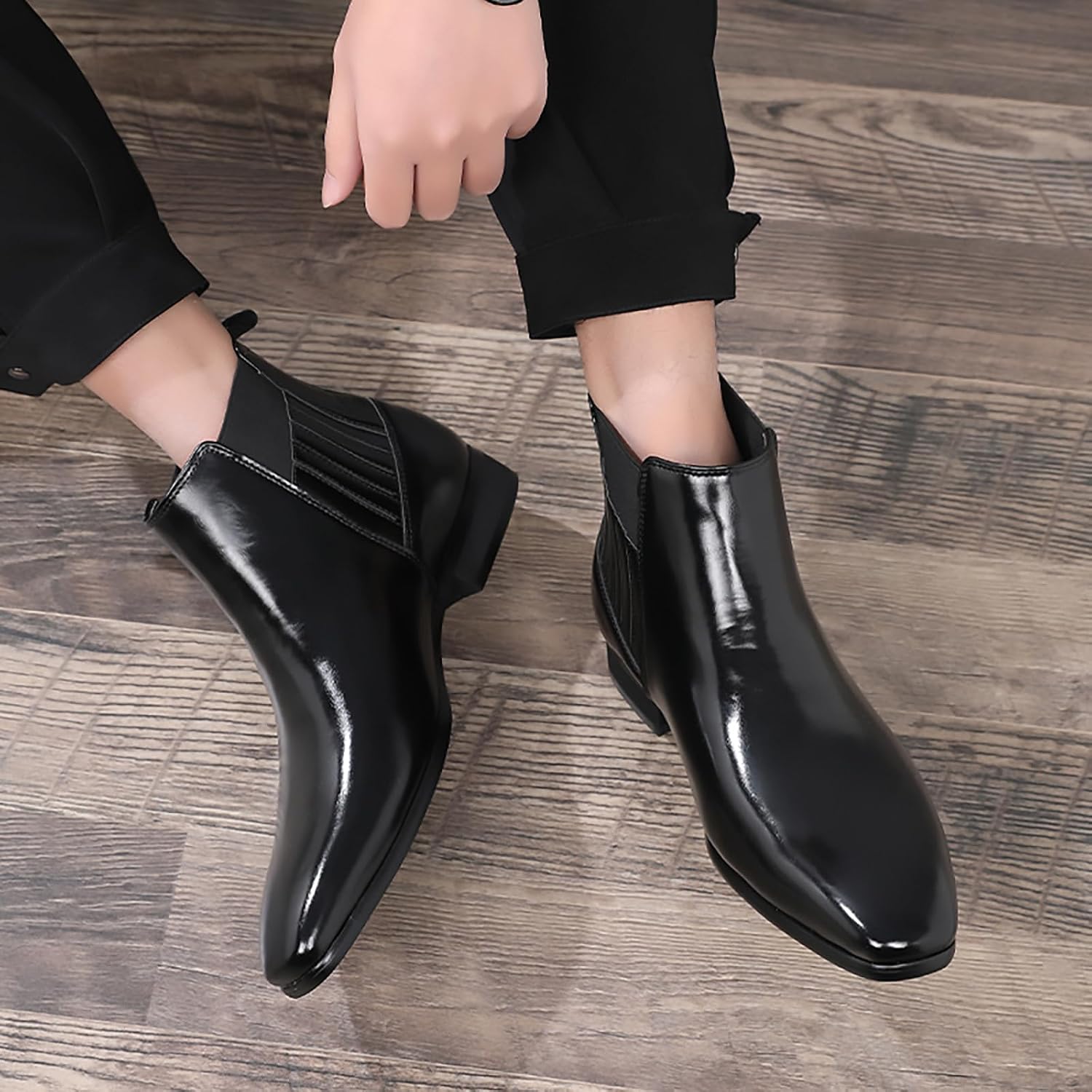 Men's Patent leather Low Heel Mid Top Dress Chelsea Boots Classic Retro Pointed toe Business Work Elastic Slip-on Boots Casual Comfortable Oxfords Ankle Boots