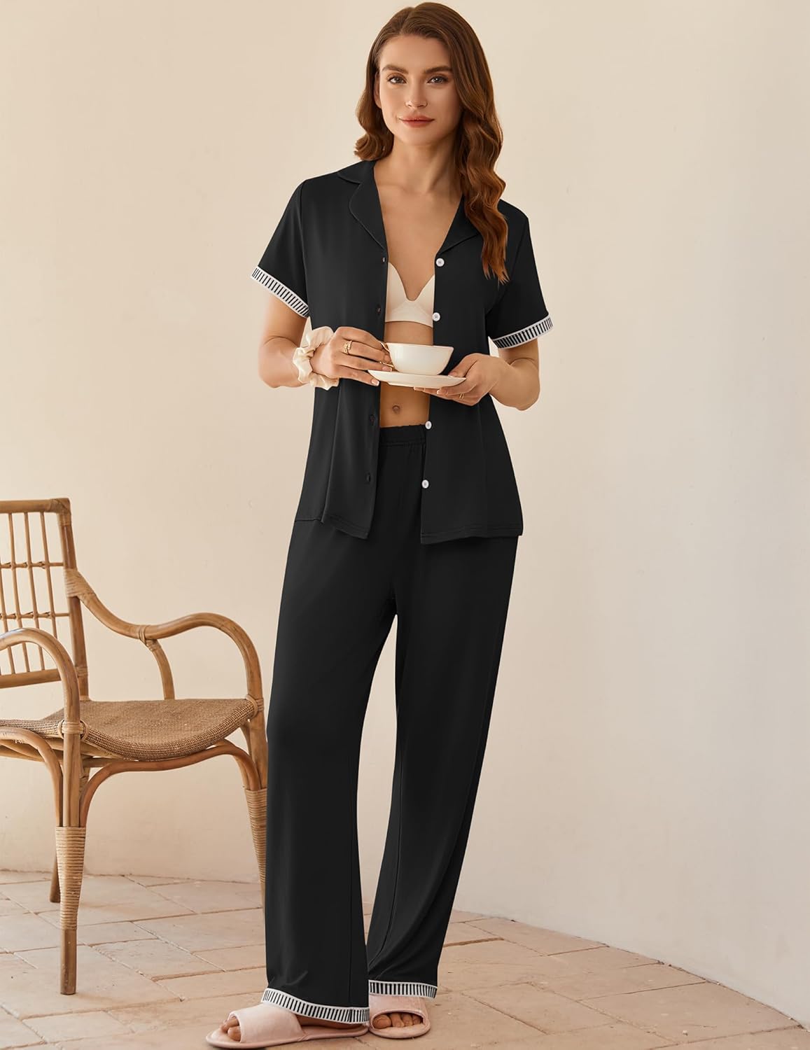 Ekouaer Womens Pajama Sets Short Sleeve Button Up Pjs, Chic Contrast Trim, Long Pants with Pockets,Soft Loungewear Set S-XXL - Image 2