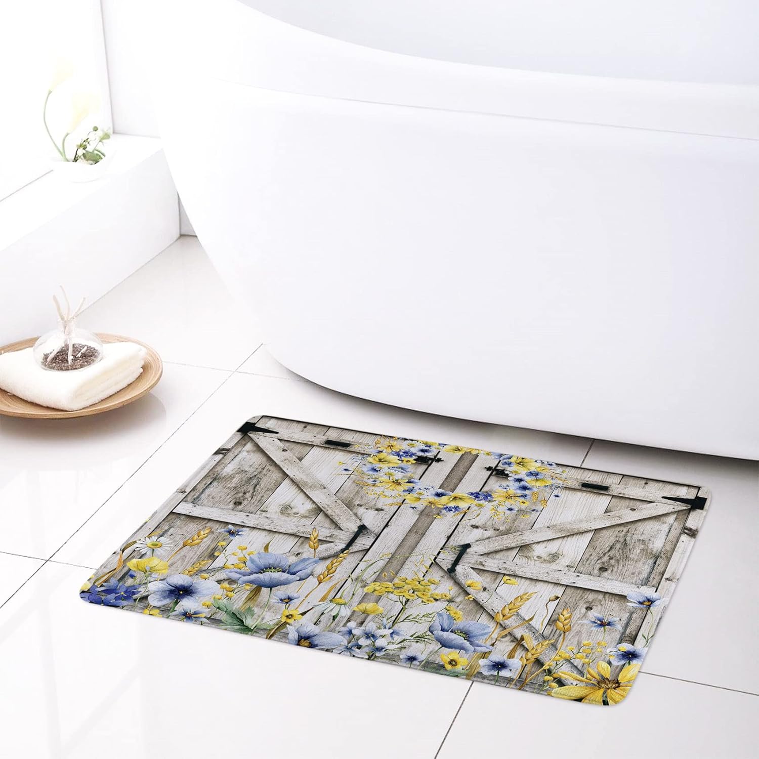 LB Farmhouse Barn Door Shower Curtain Sets with Rugs Blue and Yellow Floral Wreath on Rustic Vintage Wood Fabric Shower Curtain with Hooks Western Country Bathroom Curtains Shower Set, 72x72 inches