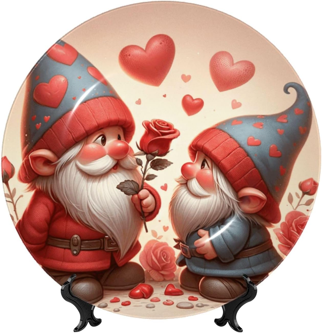 Valentine-Gnomes-Rose 10 Inch Decorative Plate With Stand, Elegant Display Wall Plate For Home Decor