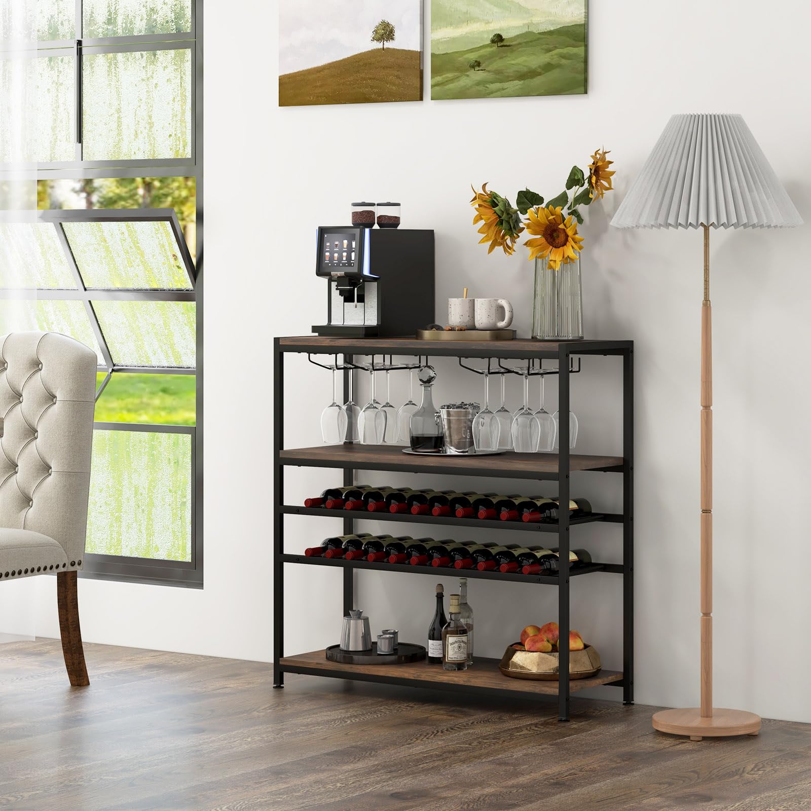 GIANTEX Mesa con Botellero de 5 Niveles, Mueble de Bar Independiente con 2 Botelleros & 4 Filas de Portavasos, Mueble de Vino de Suelo para Cocina, Comedor, Marrón