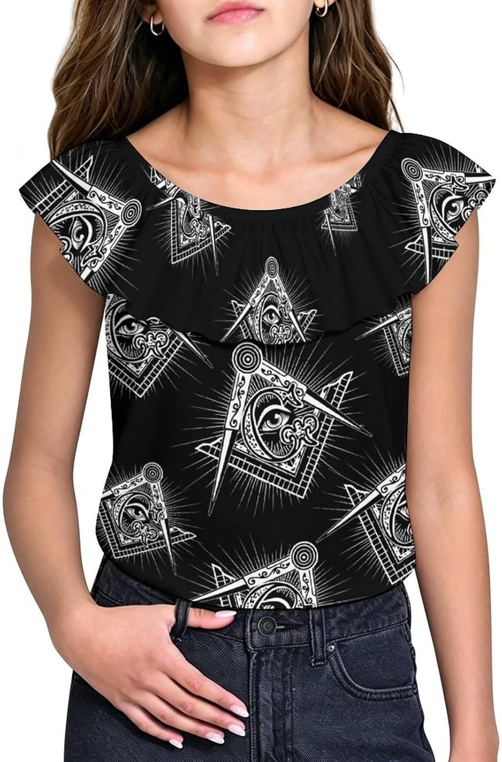Masonic Freemason Square Compass Girls T-Shirts Top Ruffle Short Sleeve Blouse Casual Graphic Tees