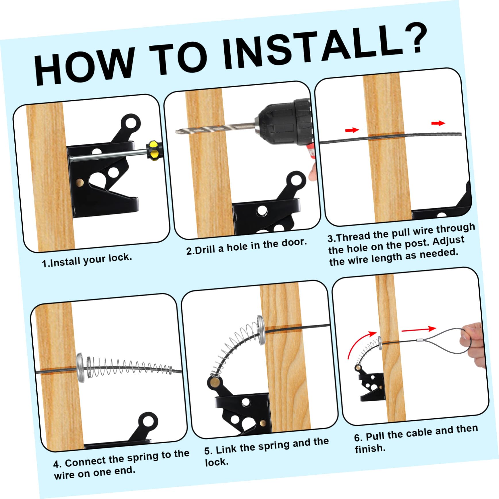 Kisangel Pestillo de Puerta Resorte y Cable de Tracción Acero Inoxidable Revestimiento Pvc, para Puertas y Cercas de Madera y Metal, 2 Juegos, Instalación Fácil y Uso Seguro