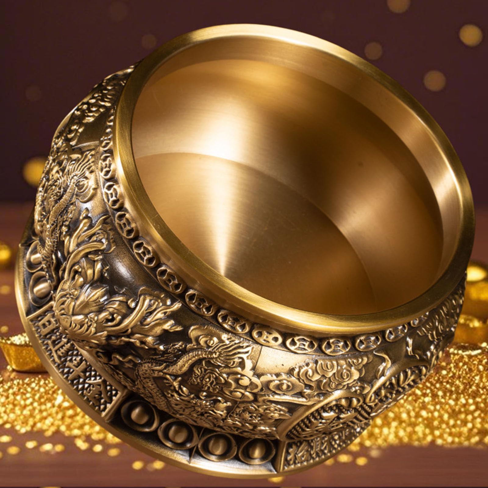 Miska na skarby Feng Shui z pokrywką i sztabką cytrynu - mosiężny symbol bogactwa ze złotym kryształem do dekoracji biurka w domu,18CM