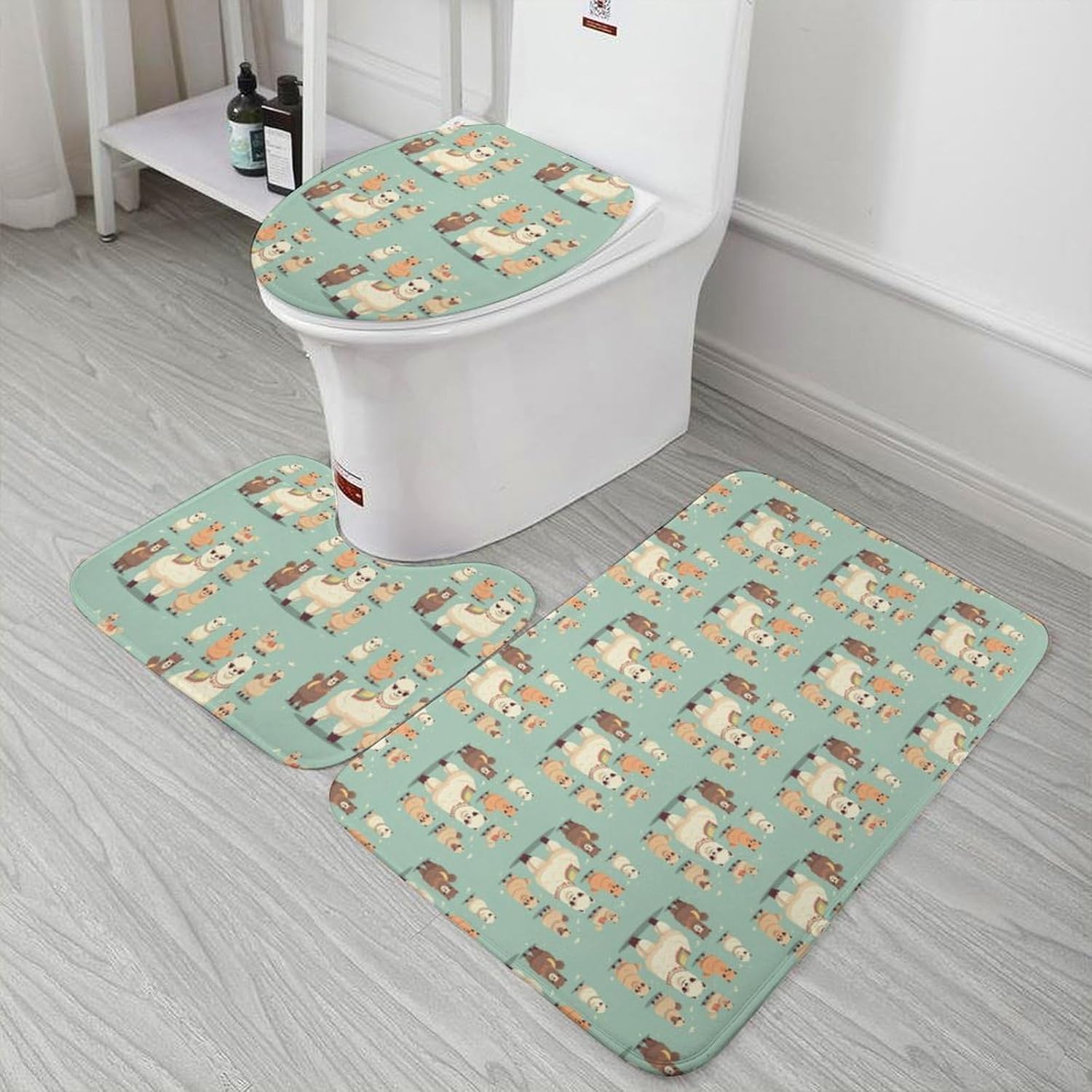 Anti-Skid Floor Mats 3 Piece Set,Alpacas Printed Coral Fleece Bathroom Mats U-Shaped Contour Mat Toilet Seat Cover for Bathroom, Tub, Shower, Kitchen 19.7"x31.5"