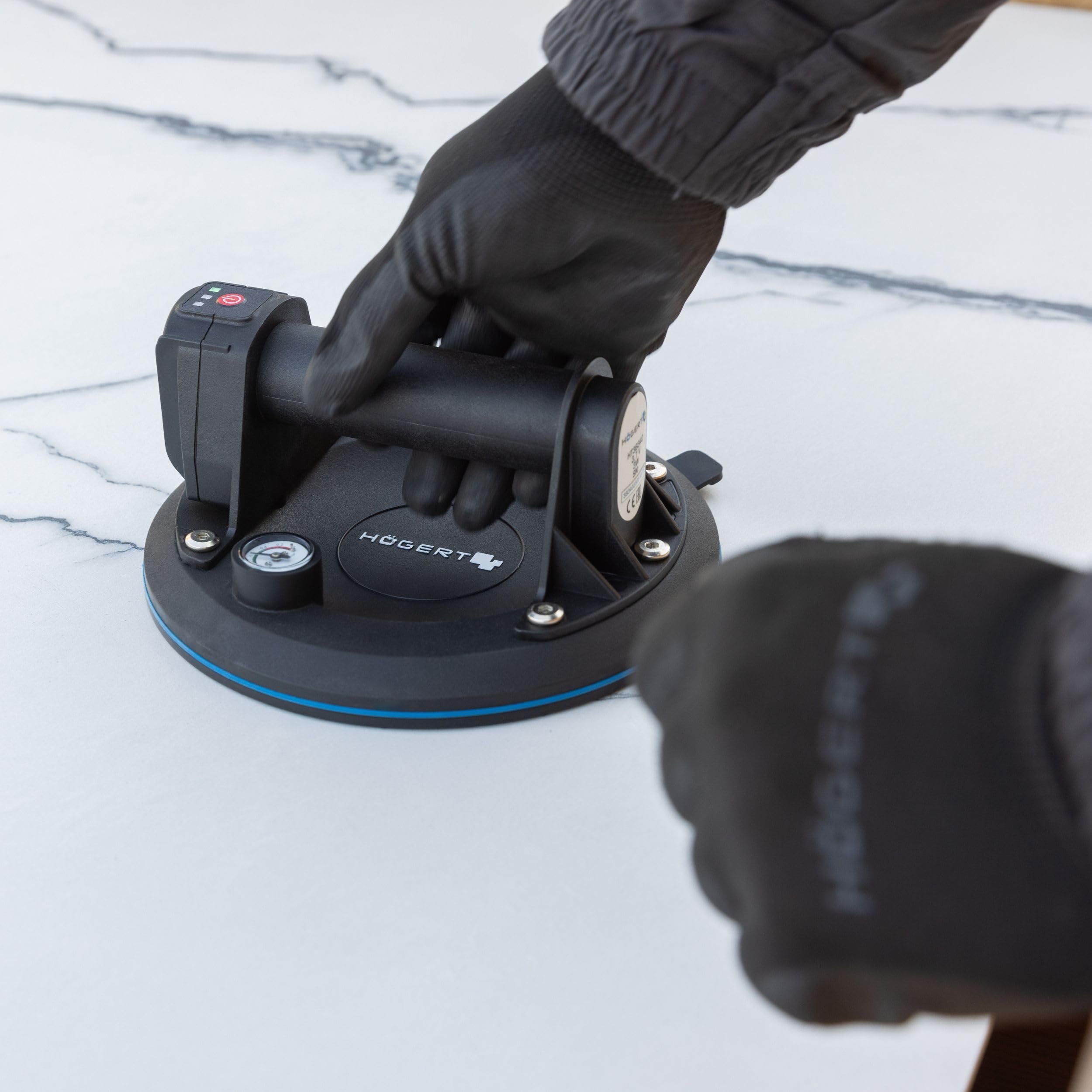 HÖGERT TECHNIK - Ventosa a batteria da 200 mm con manometro, aspirapolvere a batteria Heavy Duty, carico: 150 kg, la ventosa viene utilizzata per il trasporto di vetrate, oggetti lisci e piastrelle in