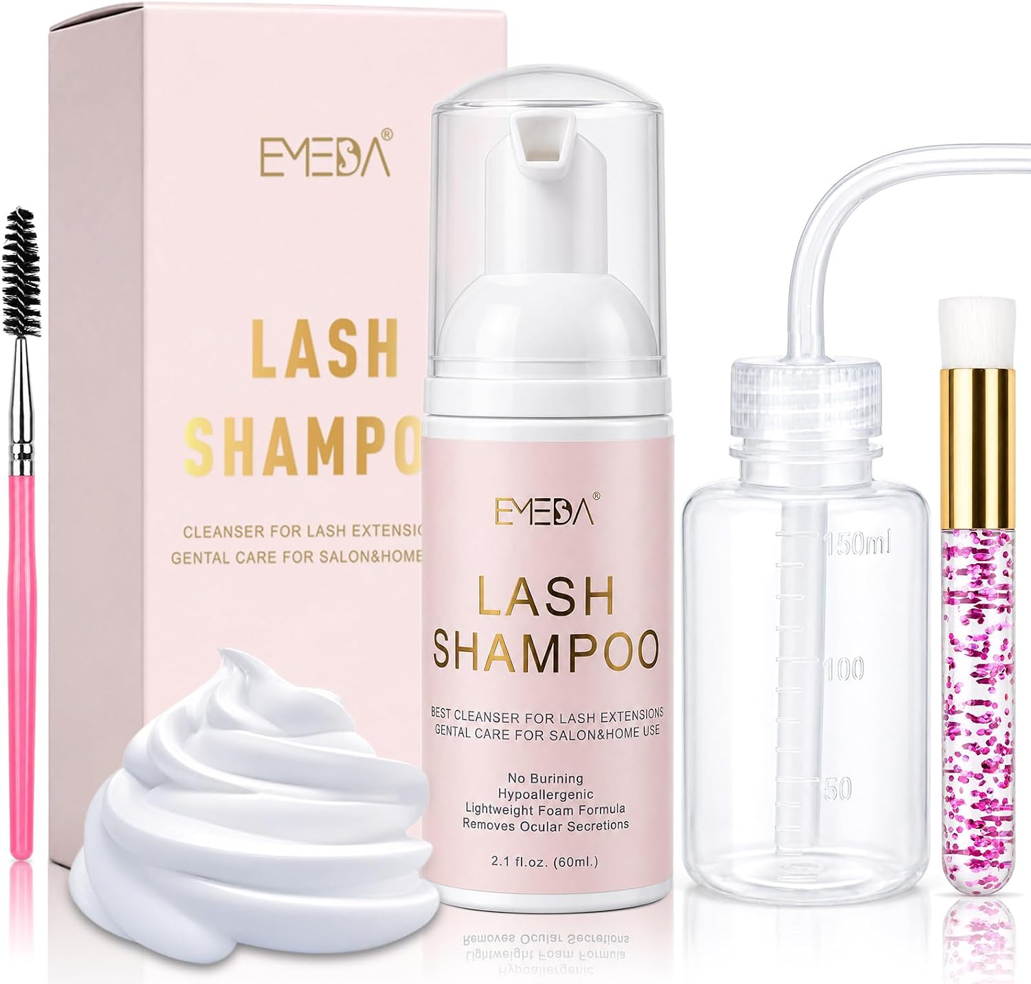 EMEDA Lash Shampoo for Eyelashes Extensions Oil Free (60ml / 2 Fl.oz) | Oil Free Foam Soap Bath for Cluster Lashes Wash Oil Dustcare, Lash Cleanser Gentle Lash Cleaning Kit with Rinse Bottle Brush