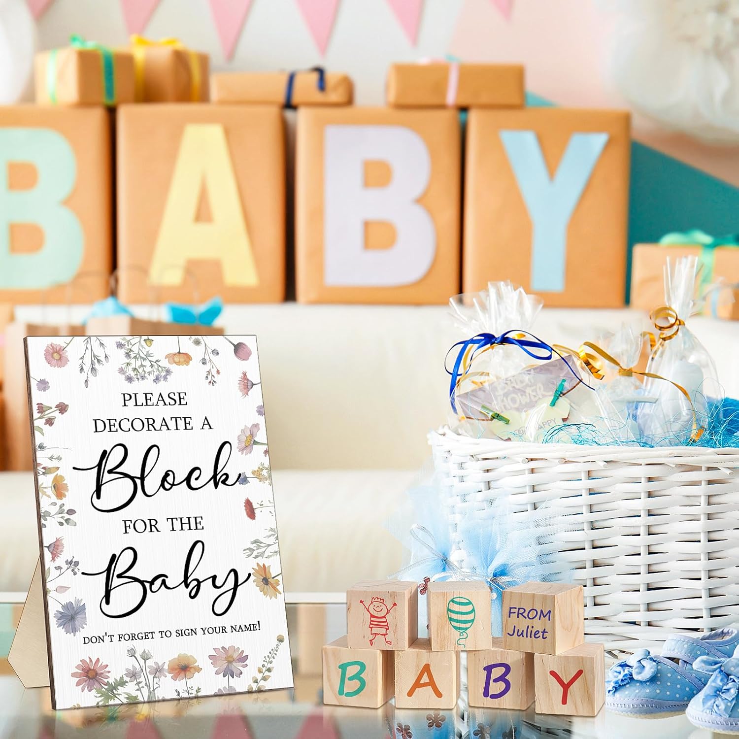 Qilery 75 Pcs Baby Shower Games Sign Kit Including Decorate a Block Game Sign 50 DIY Blank Wooden Block 24 Acrylic Paint Marker Baby Shower Prize for Winners Gender Reveal(Pastel,Wildflower)