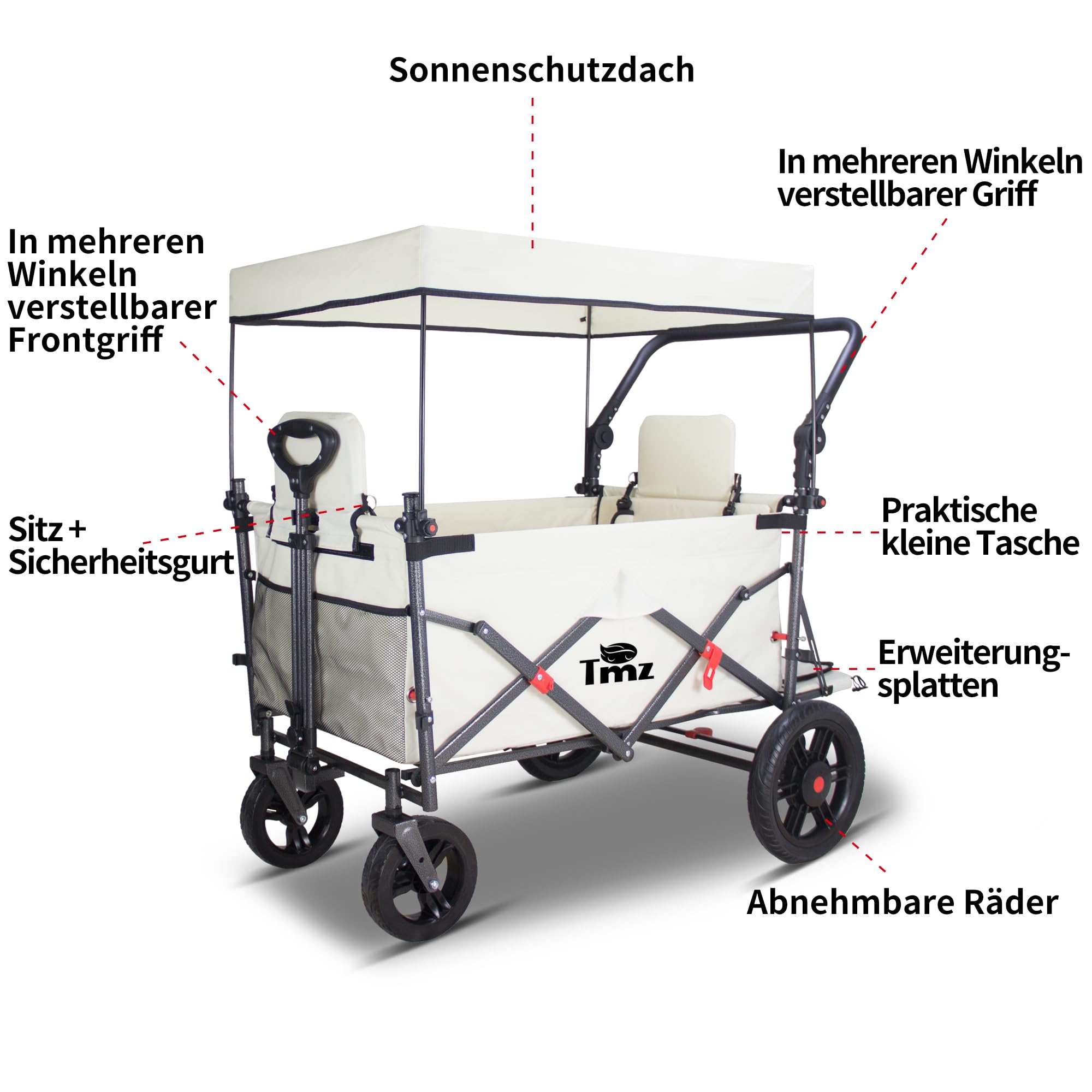 TMZ Bollerwagen Faltbar mit 2 Integrierte Klappsitze, Handwagen mit Bremsen und Dach, Klappbar Transportwagen, Tragfähigkeit 120 kg für Alle Gelände Camping Strand Einkaufen(Beige)